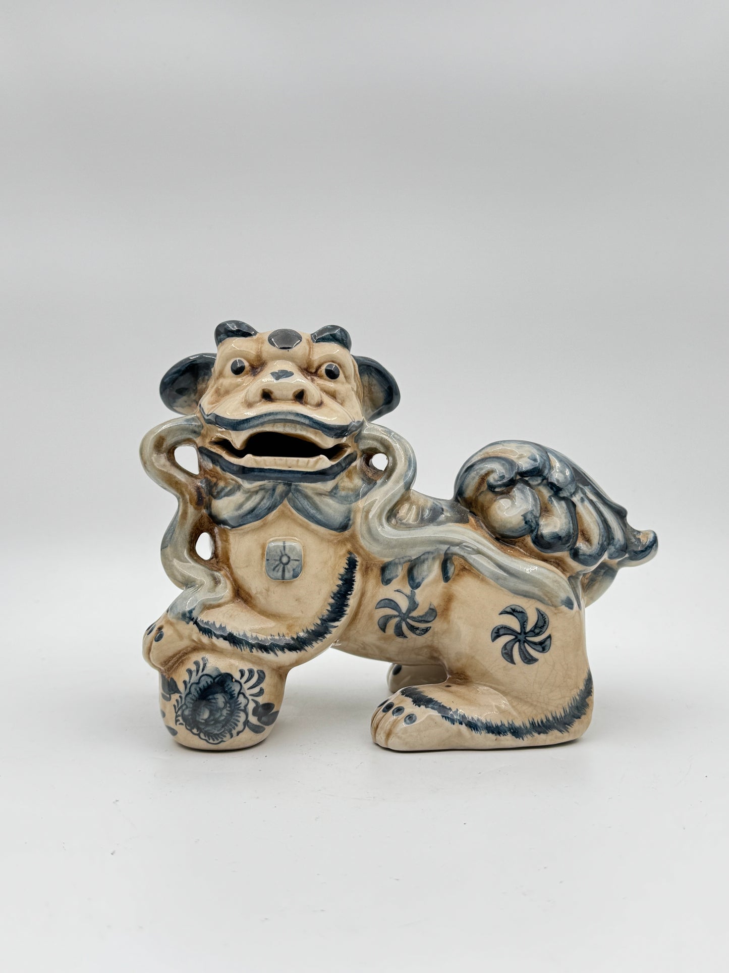 Set of 2 Blue and Cream Glazed Porcelain Lucky Foo Dog Statues - Traditional Guardian Lion Figurines