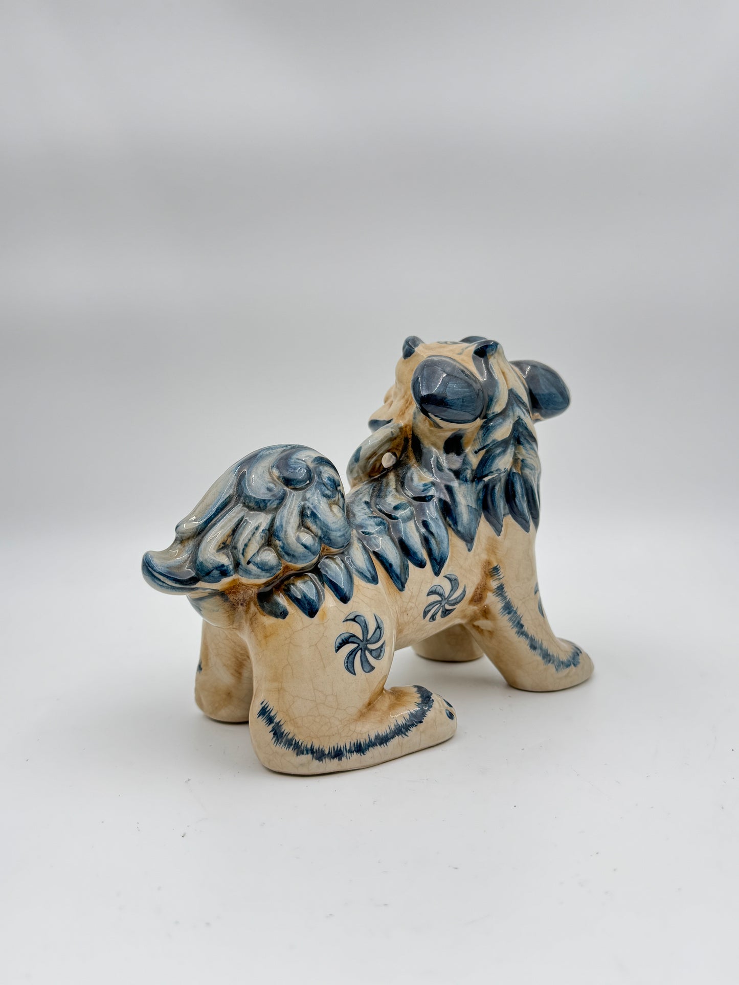 Set of 2 Blue and Cream Glazed Porcelain Lucky Foo Dog Statues - Traditional Guardian Lion Figurines