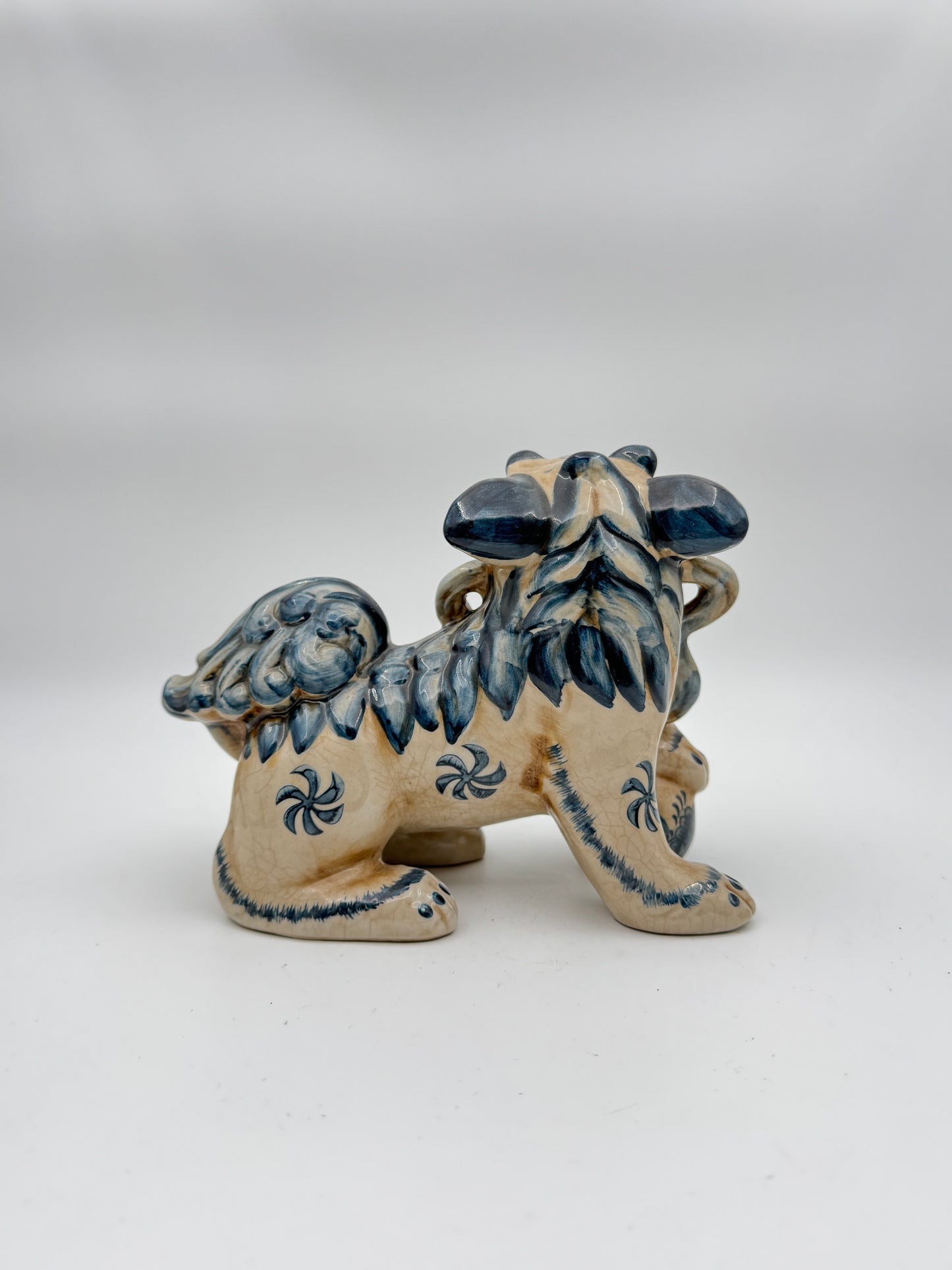 Set of 2 Blue and Cream Glazed Porcelain Lucky Foo Dog Statues - Traditional Guardian Lion Figurines