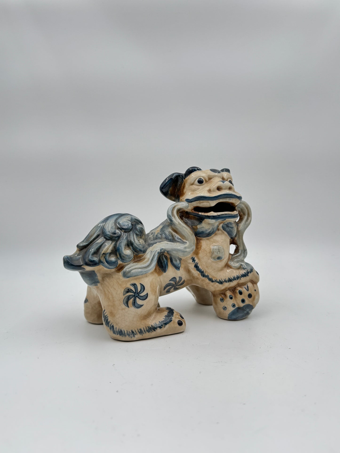 Set of 2 Blue and Cream Glazed Porcelain Lucky Foo Dog Statues - Traditional Guardian Lion Figurines