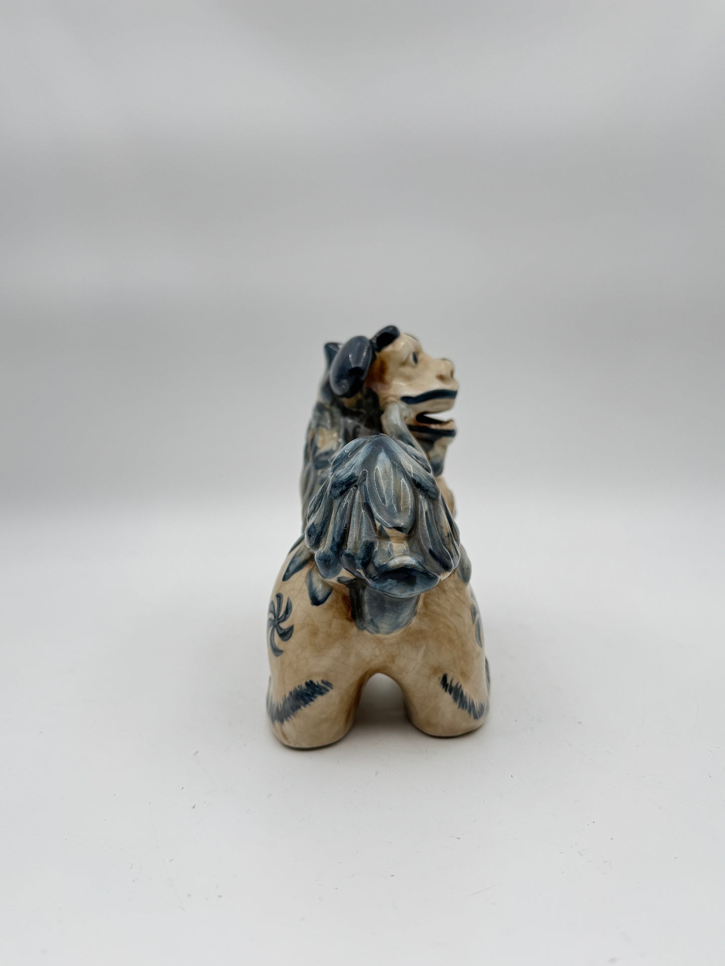 Set of 2 Blue and Cream Glazed Porcelain Lucky Foo Dog Statues - Traditional Guardian Lion Figurines