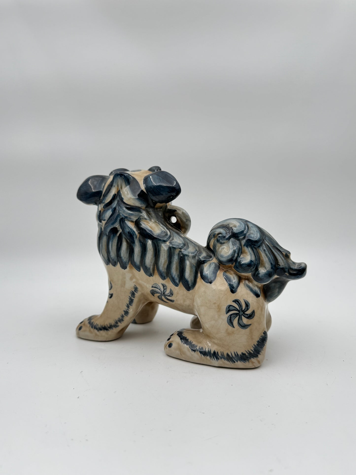 Set of 2 Blue and Cream Glazed Porcelain Lucky Foo Dog Statues - Traditional Guardian Lion Figurines