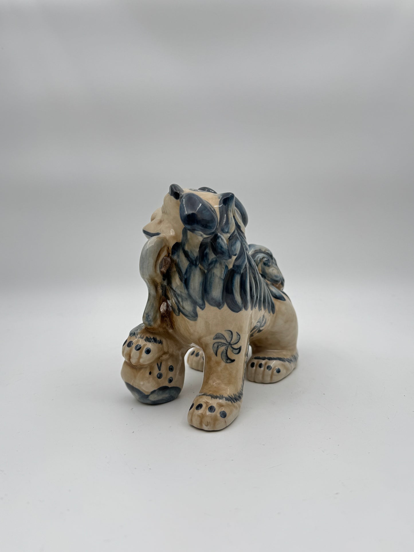 Set of 2 Blue and Cream Glazed Porcelain Lucky Foo Dog Statues - Traditional Guardian Lion Figurines