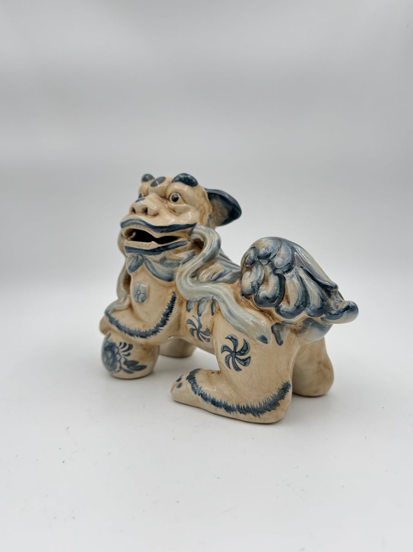 Set of 2 Blue and Cream Glazed Porcelain Lucky Foo Dog Statues - Traditional Guardian Lion Figurines