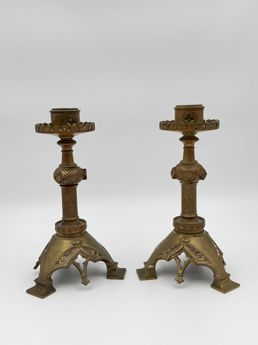 Pair of Vintage Brass Gothic-Style Candlesticks with Ornate Design