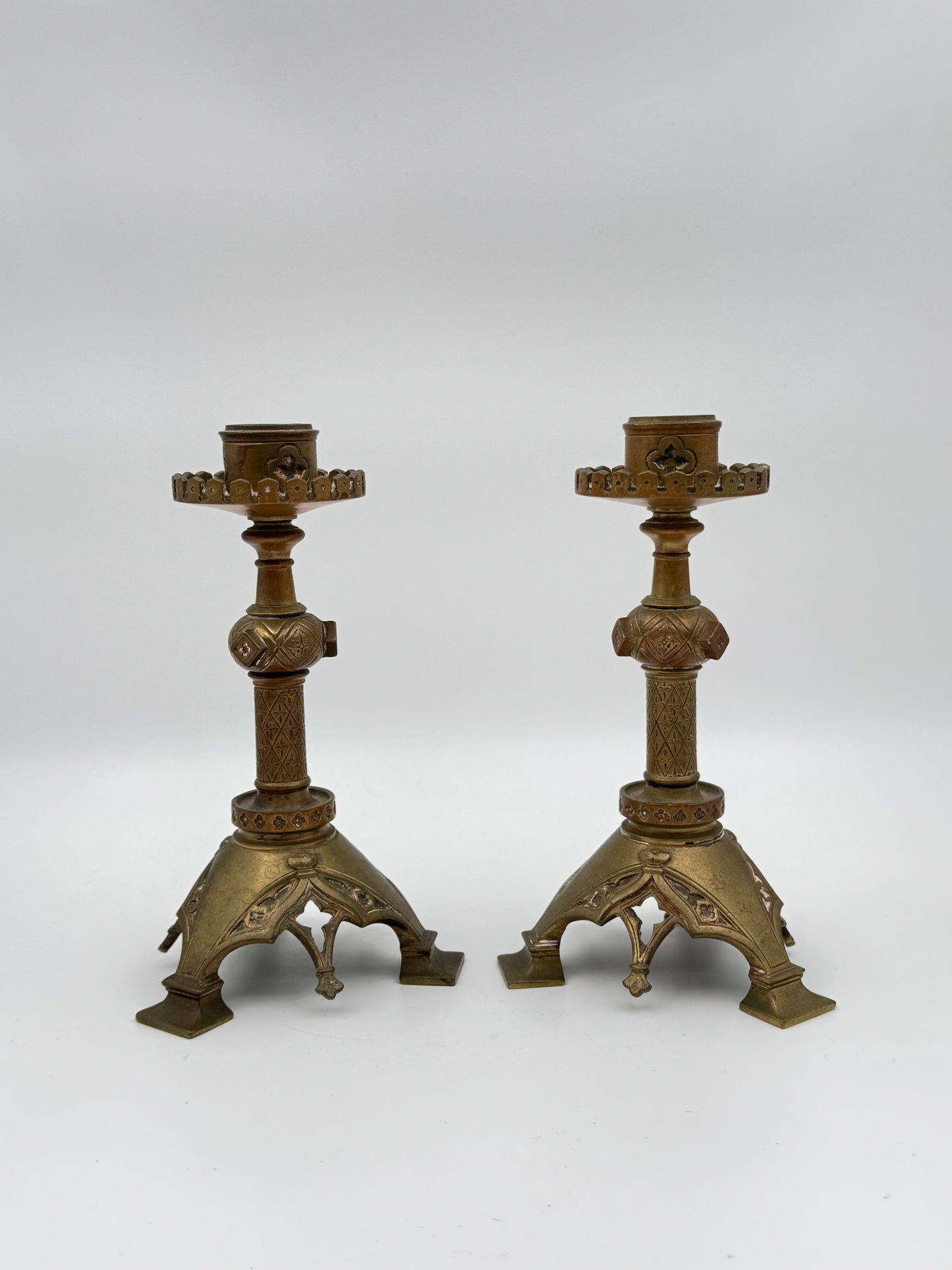 Pair of Vintage Brass Gothic-Style Candlesticks with Ornate Design