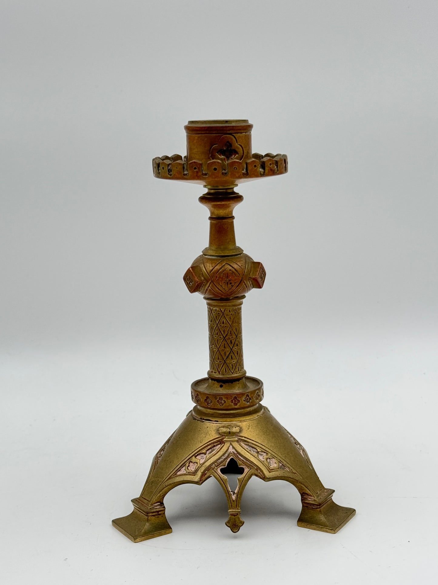 Pair of Vintage Brass Gothic-Style Candlesticks with Ornate Design