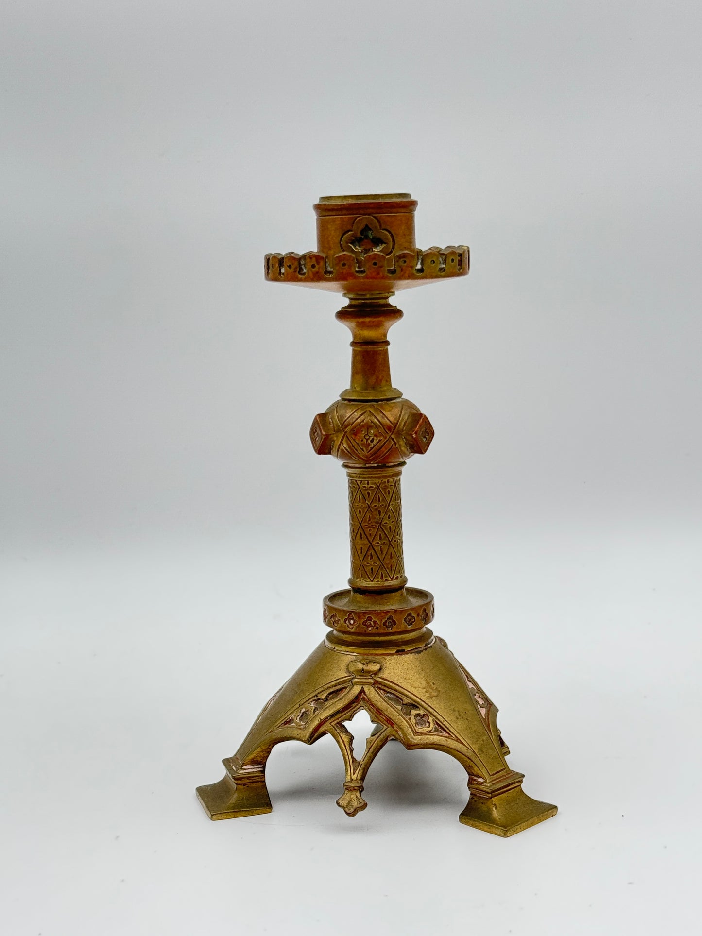 Pair of Vintage Brass Gothic-Style Candlesticks with Ornate Design