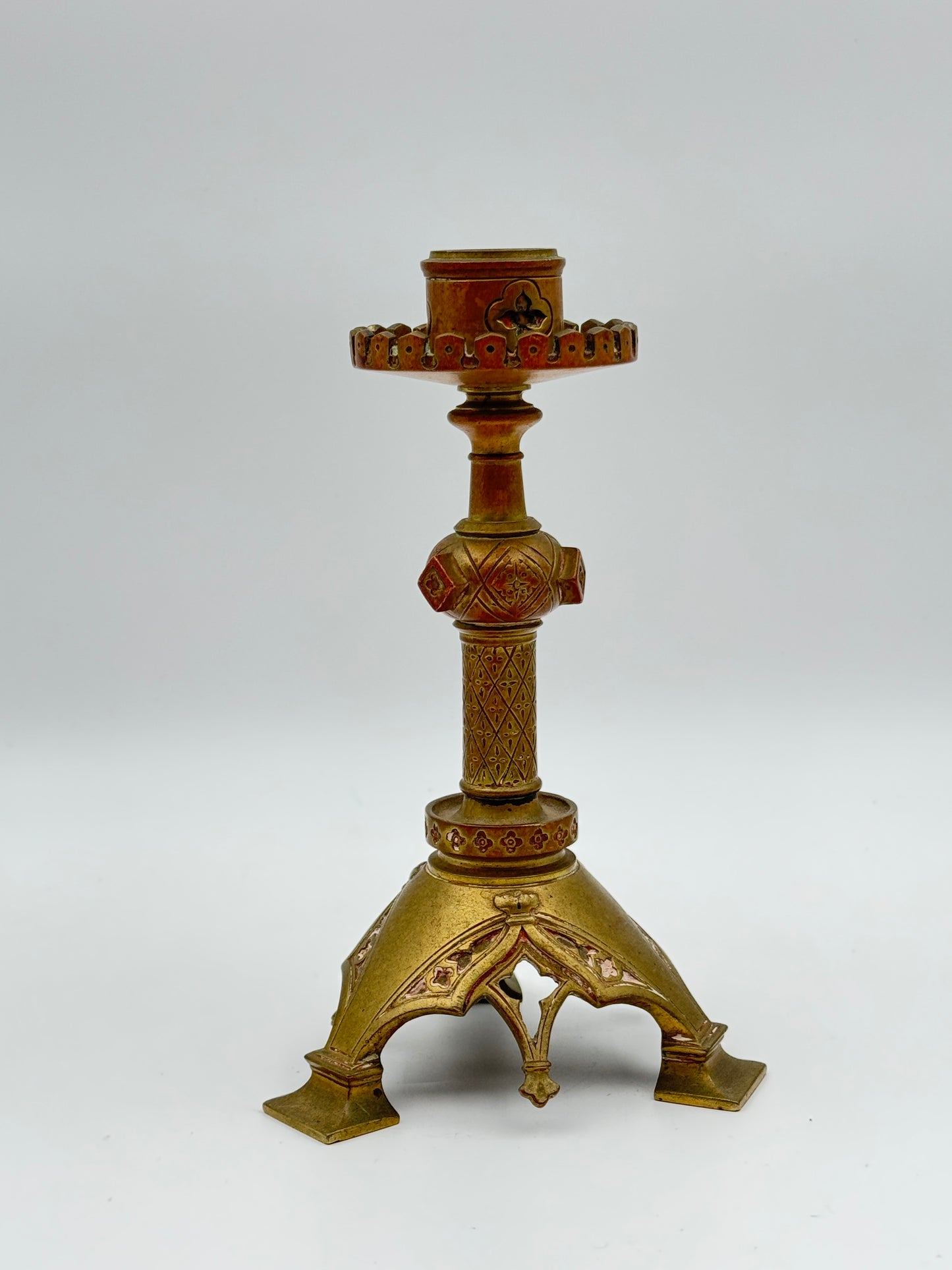 Pair of Vintage Brass Gothic-Style Candlesticks with Ornate Design