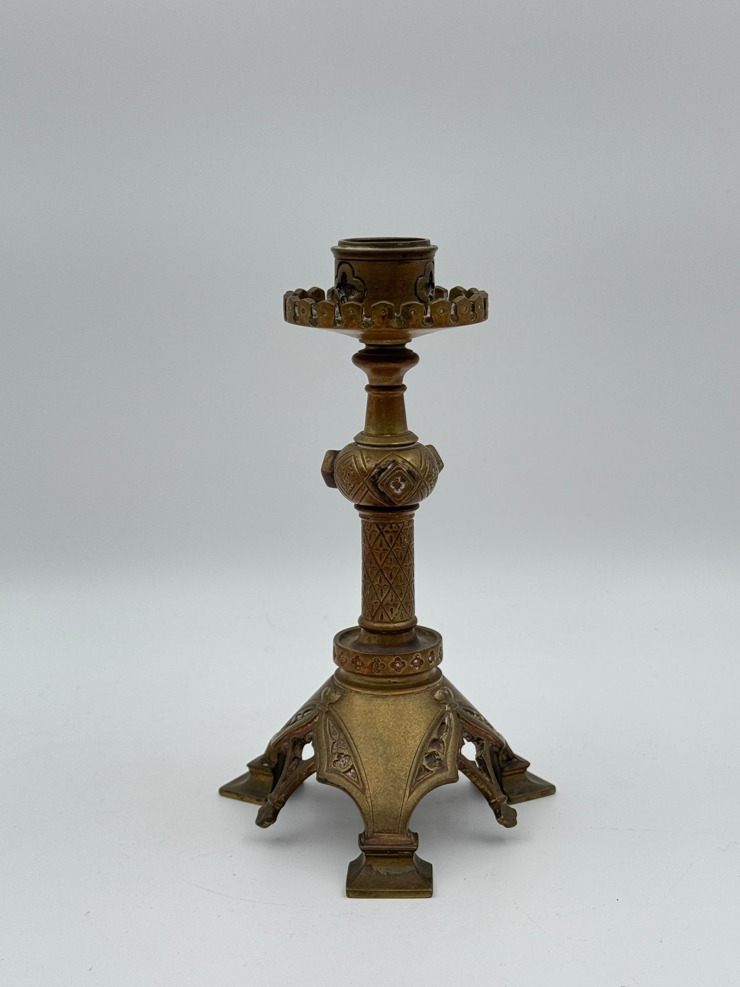 Pair of Vintage Brass Gothic-Style Candlesticks with Ornate Design