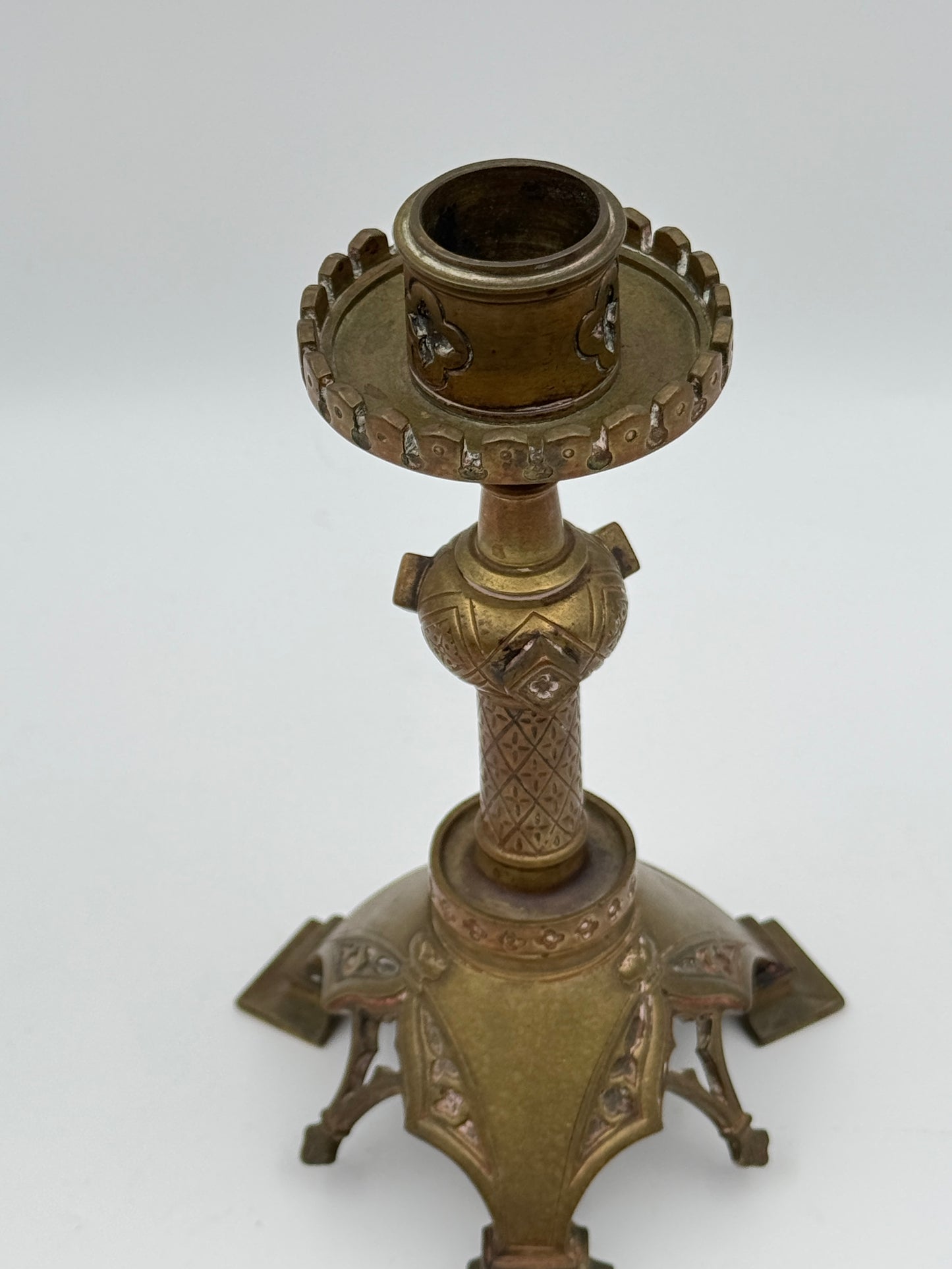 Pair of Vintage Brass Gothic-Style Candlesticks with Ornate Design