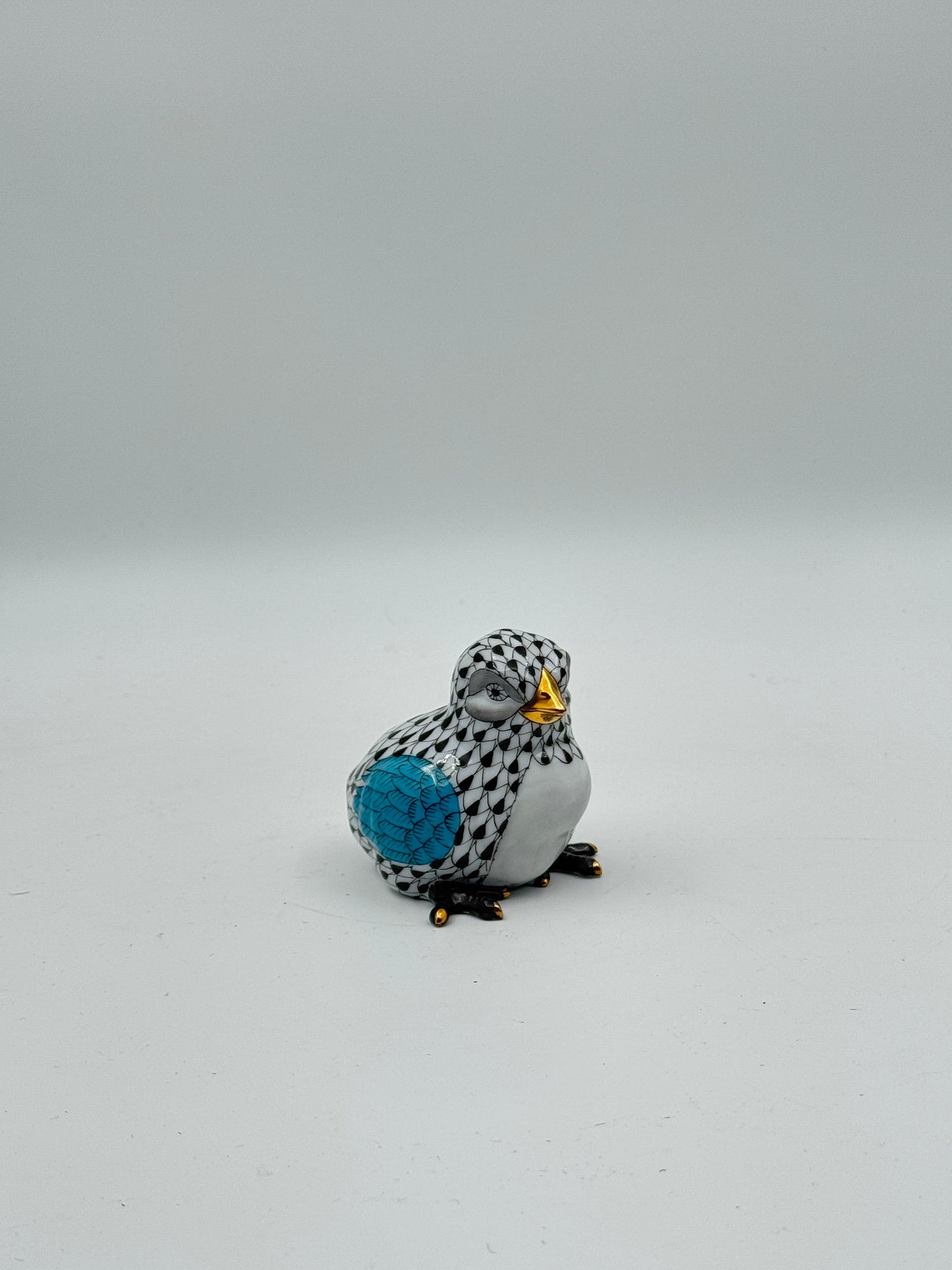 Herend Hand-Painted Black & Blue Porcelain Baby Chick – Handmade in Hungary with 24K Gold Accents