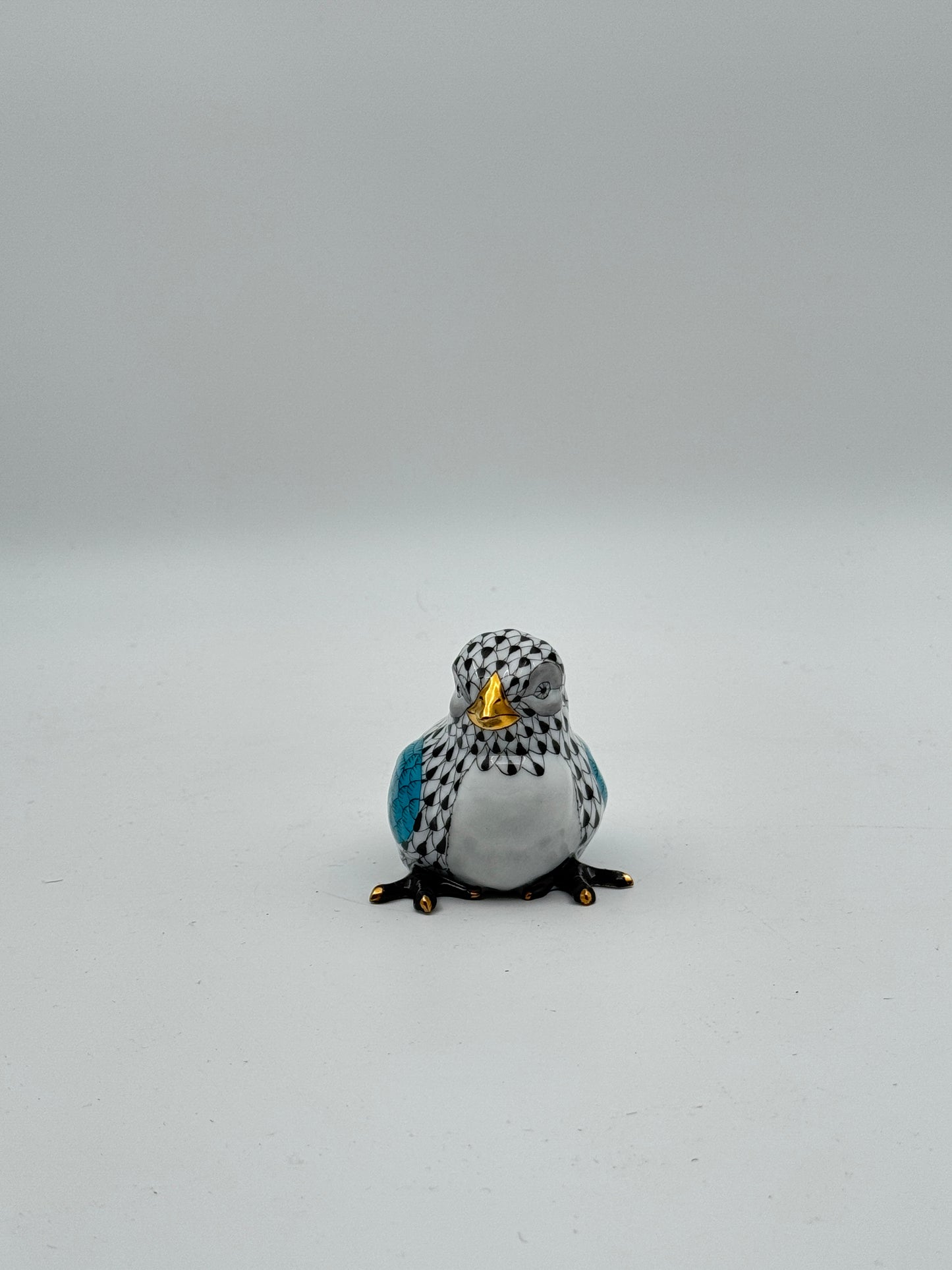 Herend Hand-Painted Black & Blue Porcelain Baby Chick – Handmade in Hungary with 24K Gold Accents