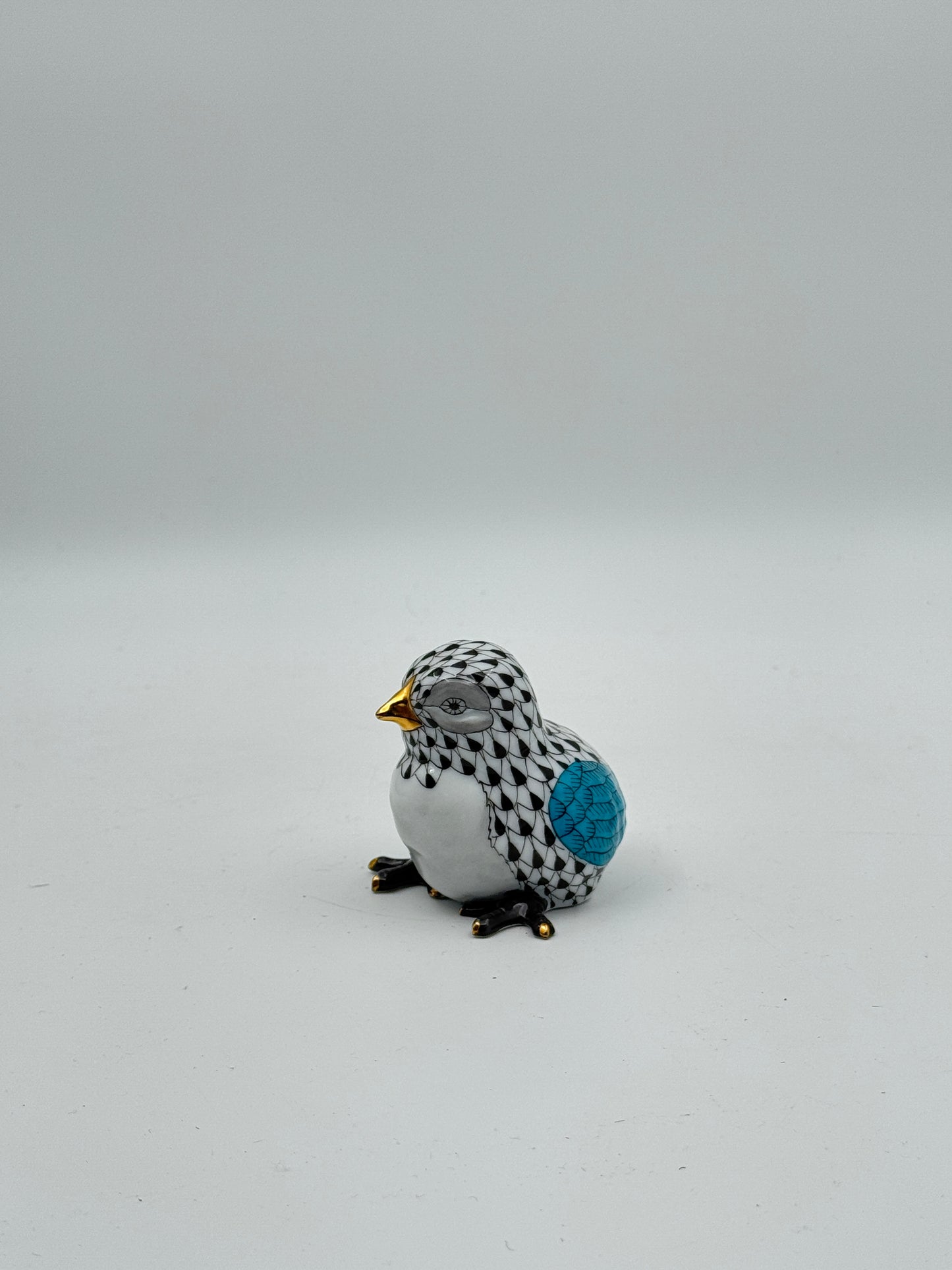 Herend Hand-Painted Black & Blue Porcelain Baby Chick – Handmade in Hungary with 24K Gold Accents