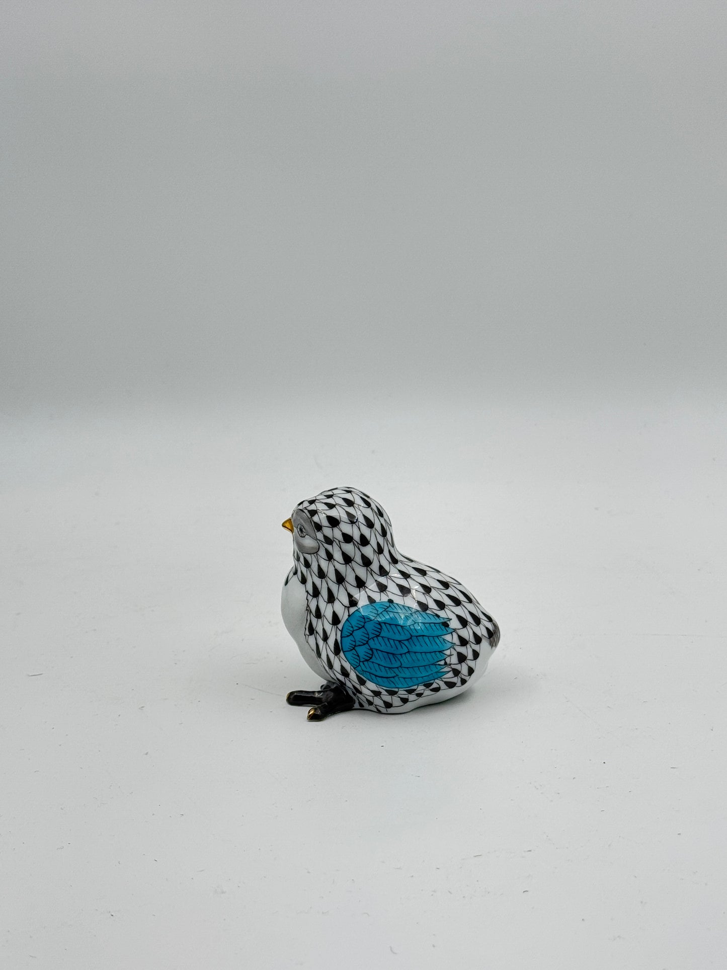 Herend Hand-Painted Black & Blue Porcelain Baby Chick – Handmade in Hungary with 24K Gold Accents