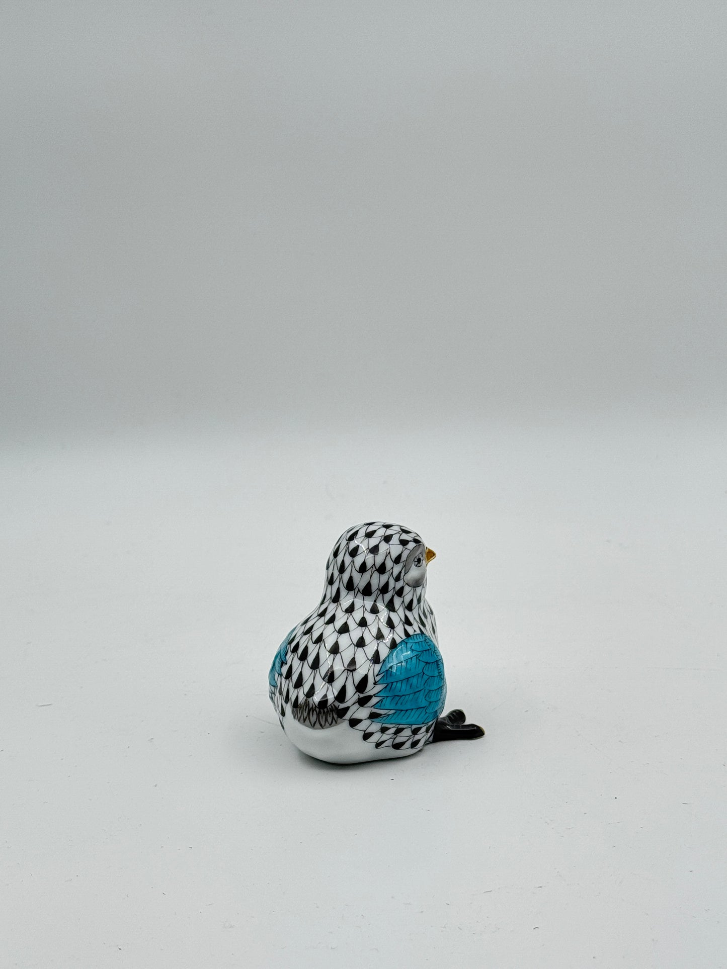 Herend Hand-Painted Black & Blue Porcelain Baby Chick – Handmade in Hungary with 24K Gold Accents