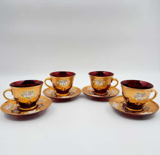 Set of 4 Murano-Style Ruby Red Demitasse Cups and Saucers with Gold and Floral Accents