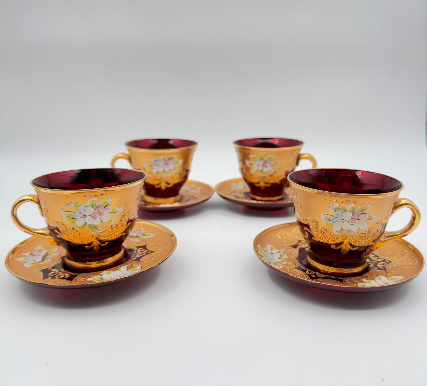 Set of 4 Murano-Style Ruby Red Demitasse Cups and Saucers with Gold and Floral Accents