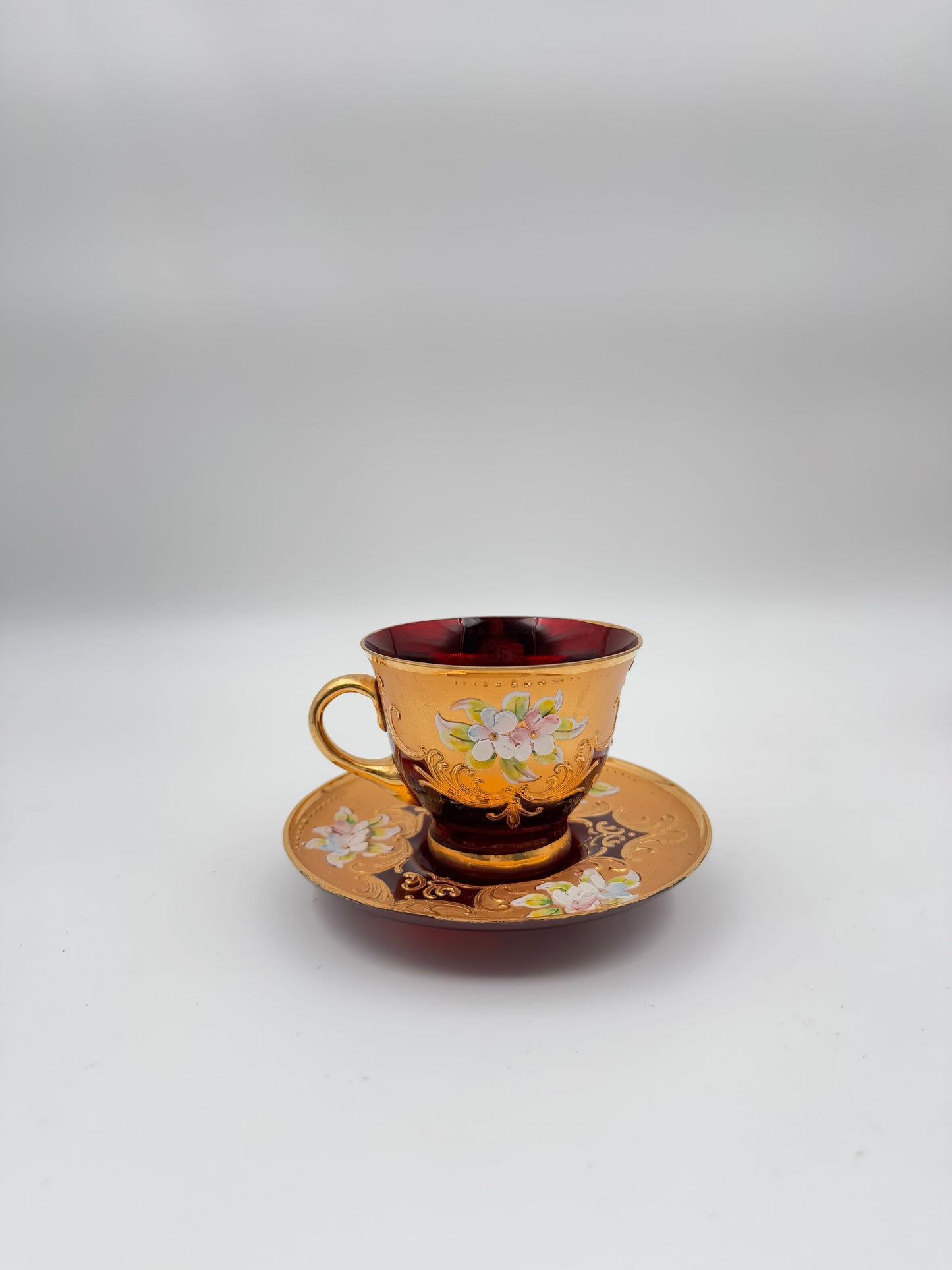 Set of 4 Murano-Style Ruby Red Demitasse Cups and Saucers with Gold and Floral Accents