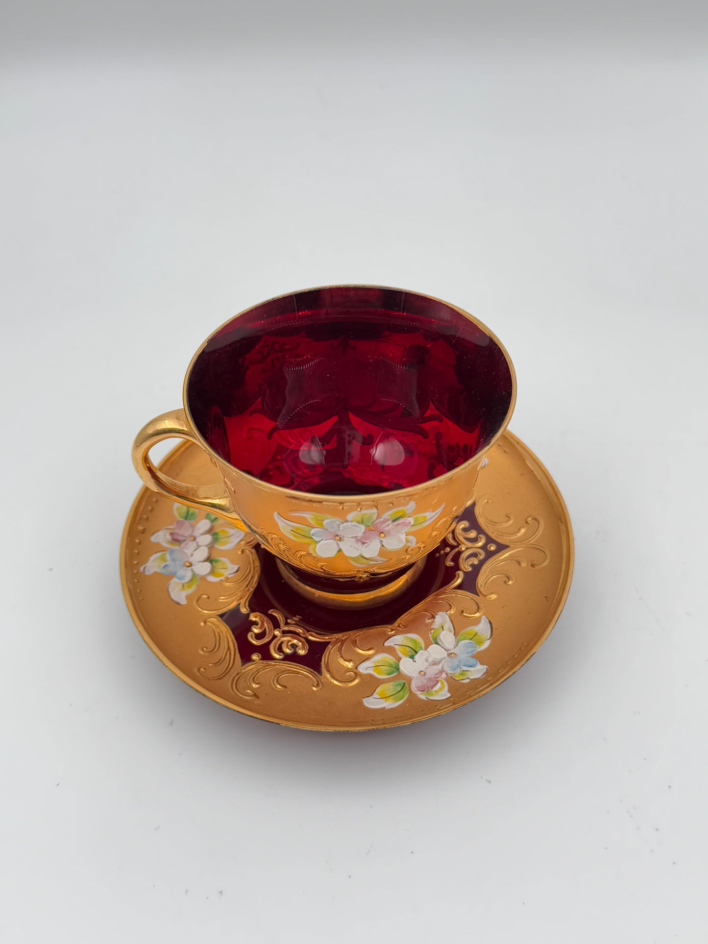 Set of 4 Murano-Style Ruby Red Demitasse Cups and Saucers with Gold and Floral Accents