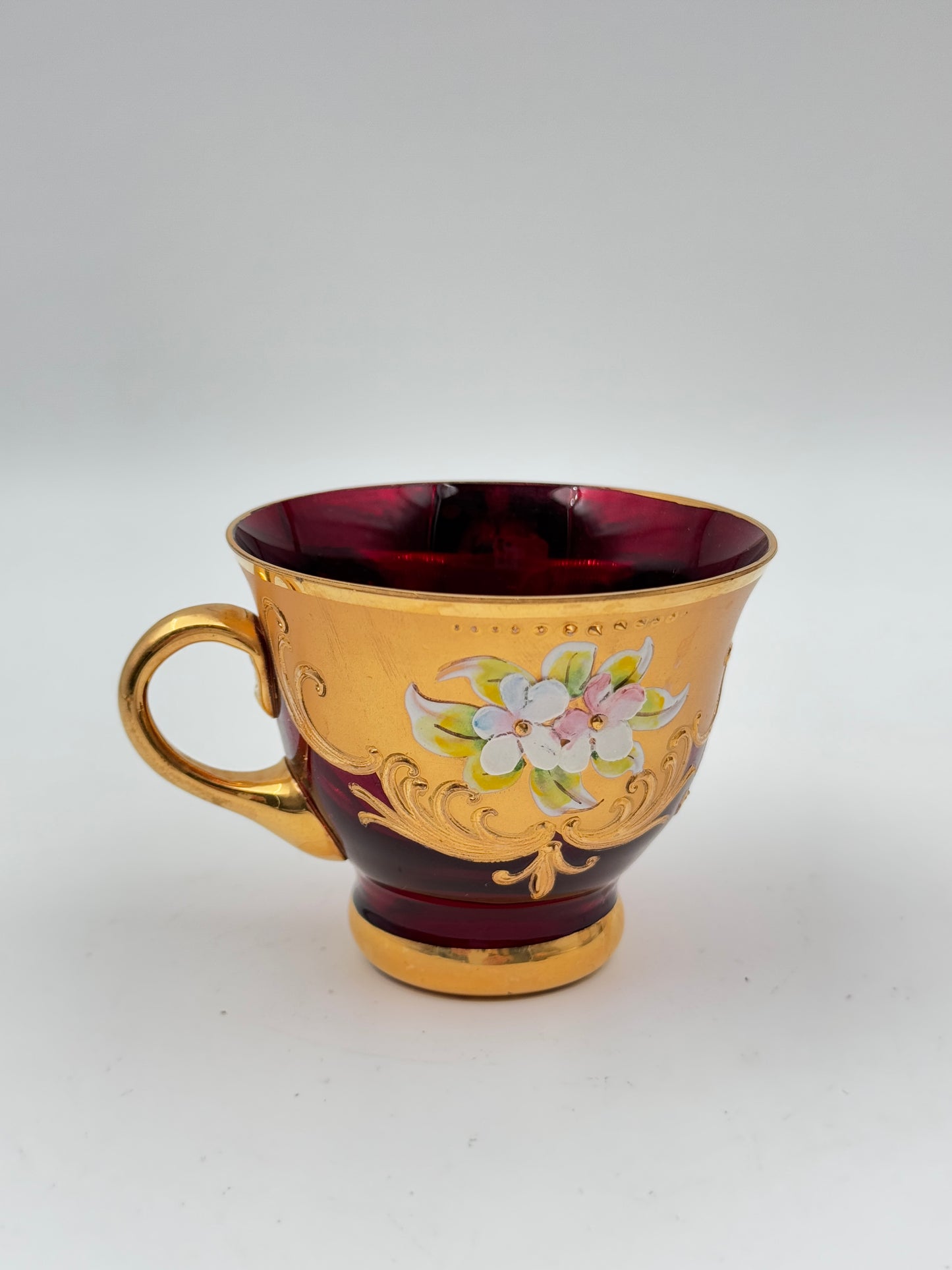 Set of 4 Murano-Style Ruby Red Demitasse Cups and Saucers with Gold and Floral Accents