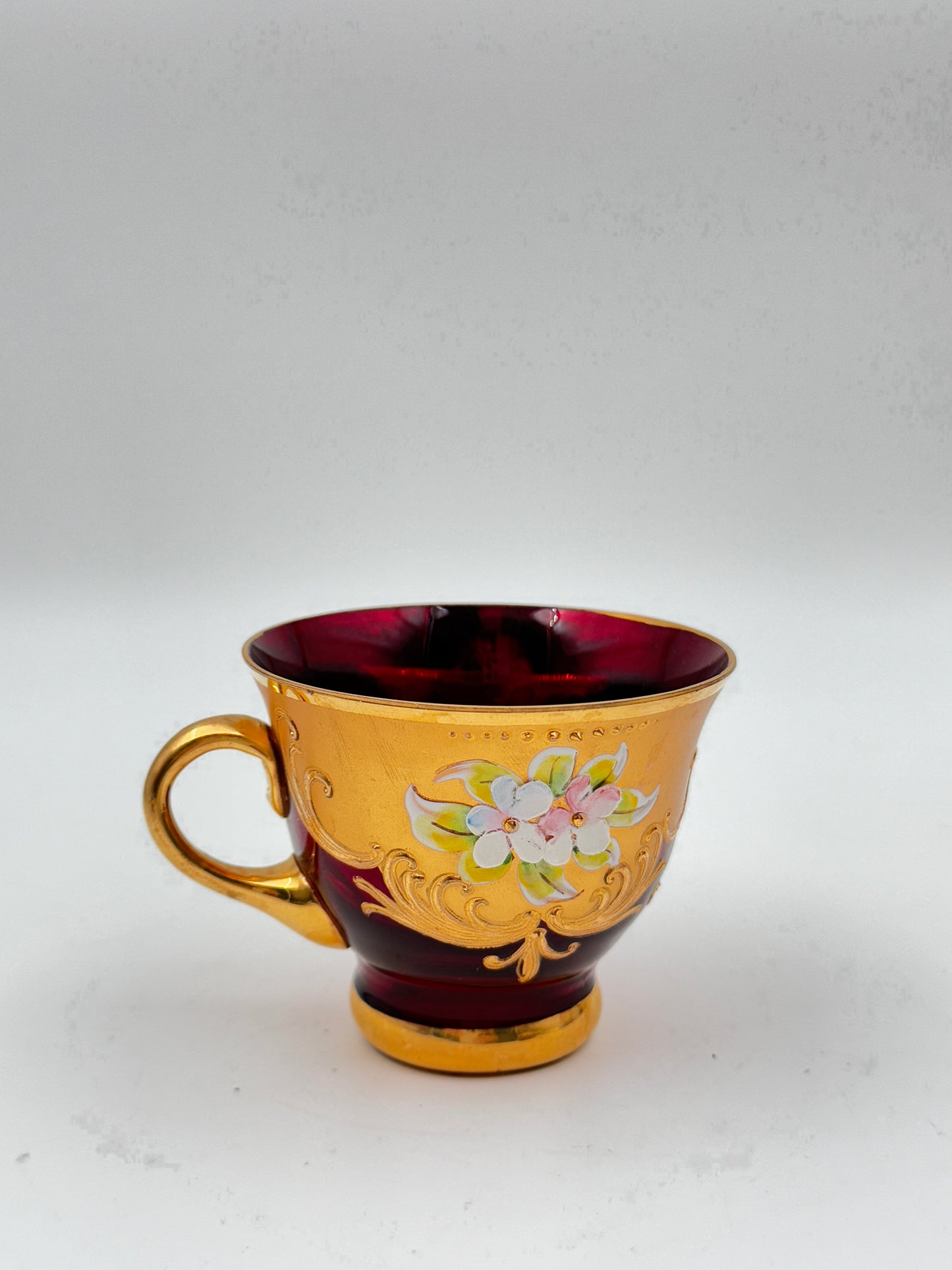 Set of 4 Murano-Style Ruby Red Demitasse Cups and Saucers with Gold and Floral Accents