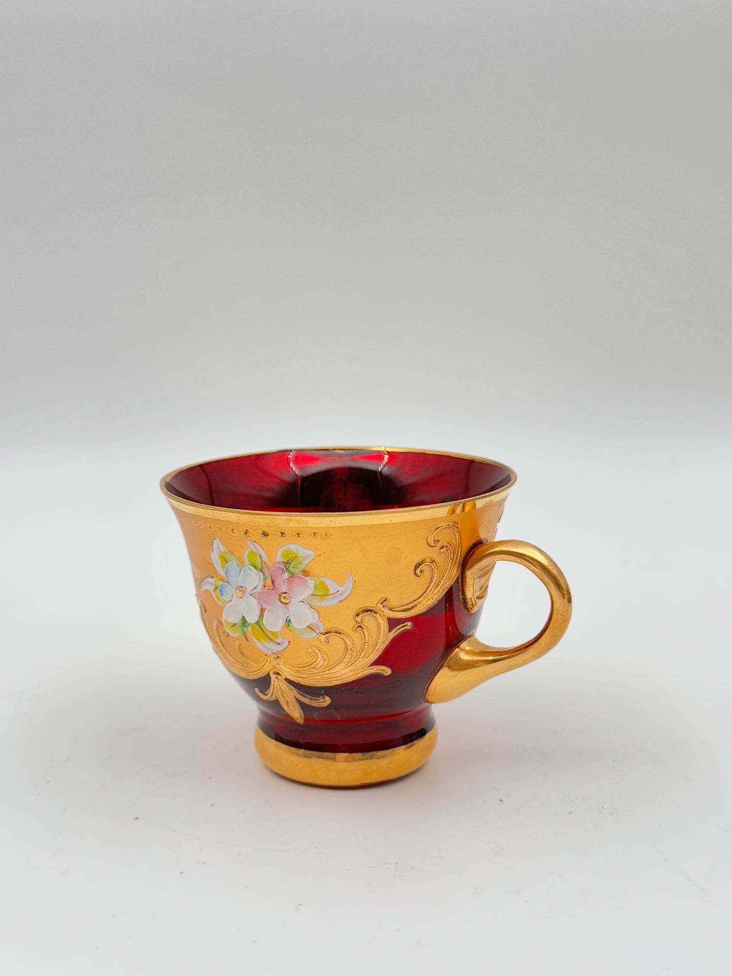 Set of 4 Murano-Style Ruby Red Demitasse Cups and Saucers with Gold and Floral Accents