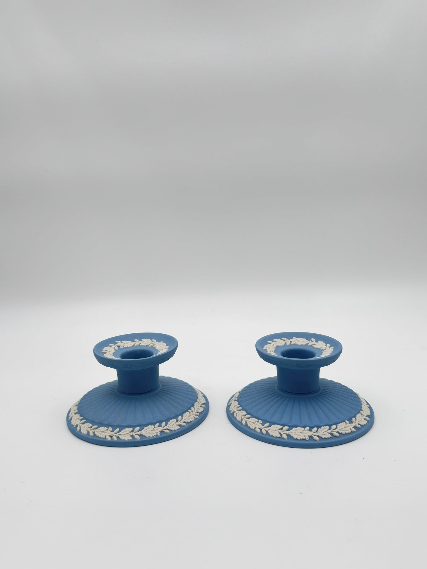 Pair of Wedgwood Jasperware Blue & White Candlestick Holders – Made in England