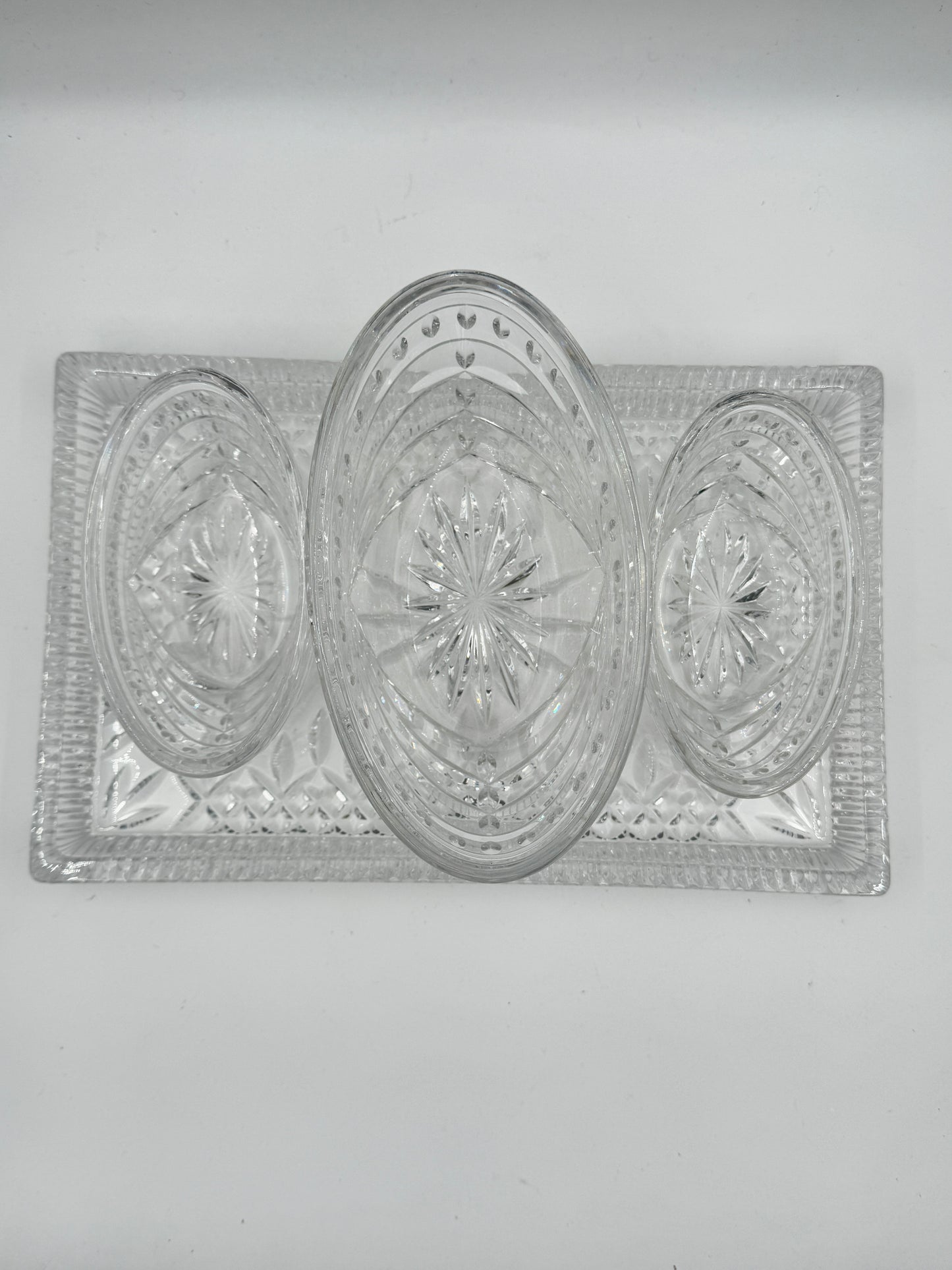 Waterford Crystal Three-Bowl Serving Set with Rectangular Tray – Elegant Cut Glass Design