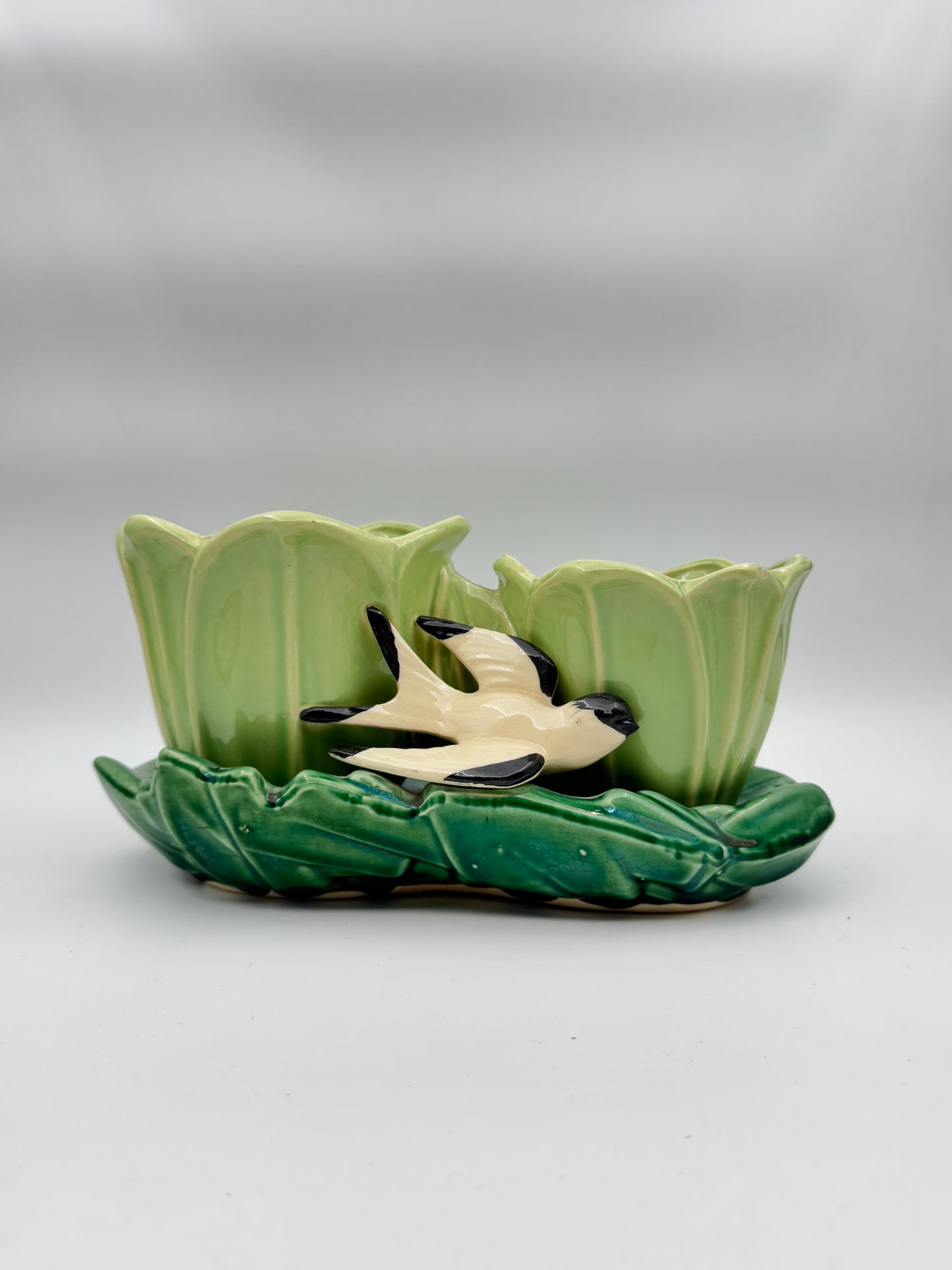 McCoy Double Tulip Planter with Swallow – Green & Yellow, 1948