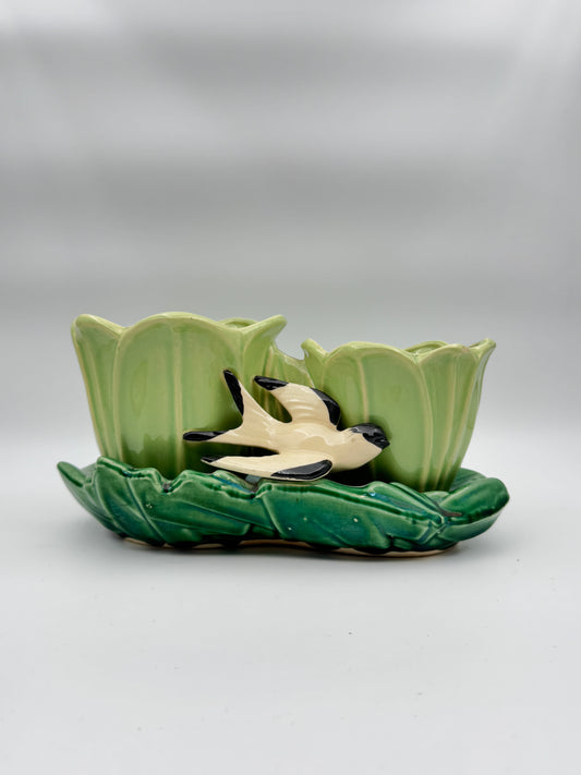 McCoy Double Tulip Planter with Swallow – Green & Yellow, 1948