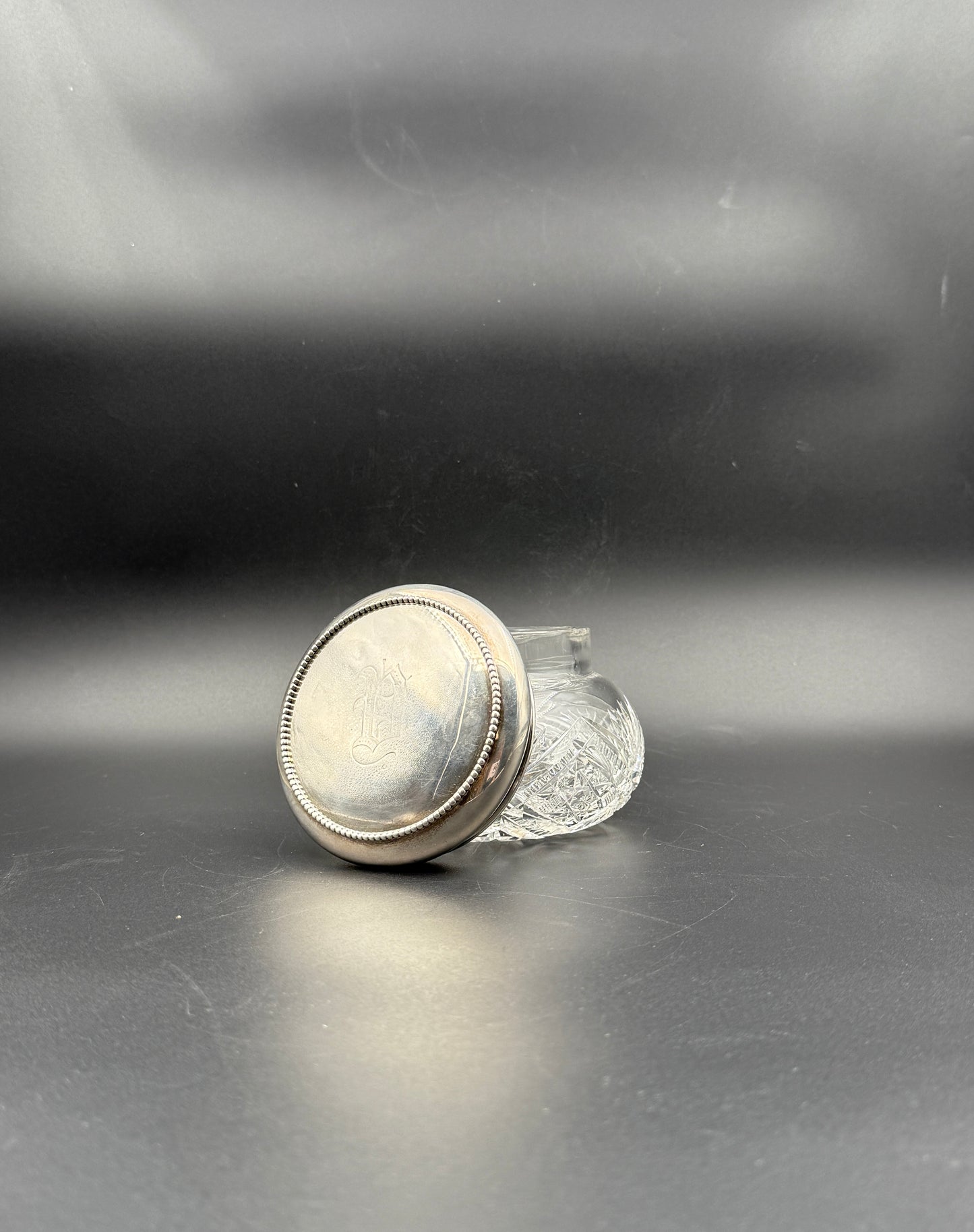 Cut Glass Vanity Jar with Sterling Silver Lid – Beaded Trim & Monogram