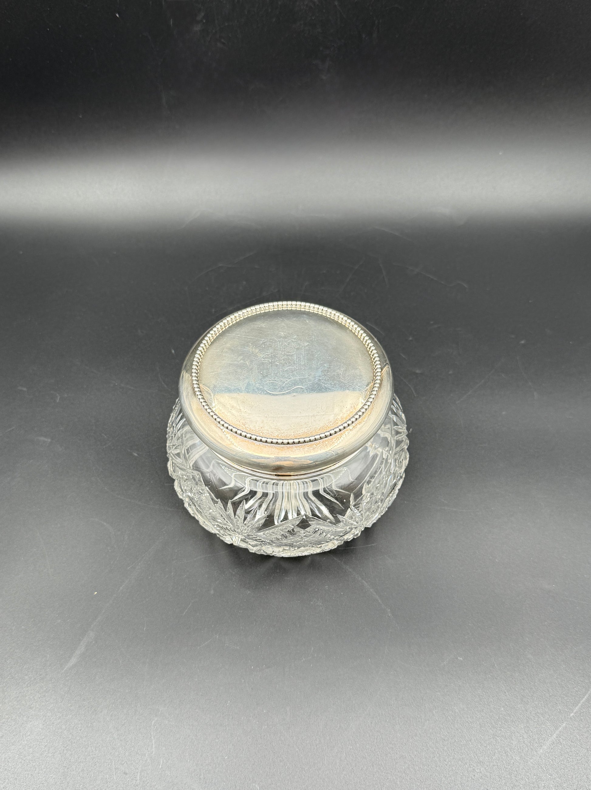 Cut Glass Vanity Jar with Sterling Silver Lid – Beaded Trim & Monogram