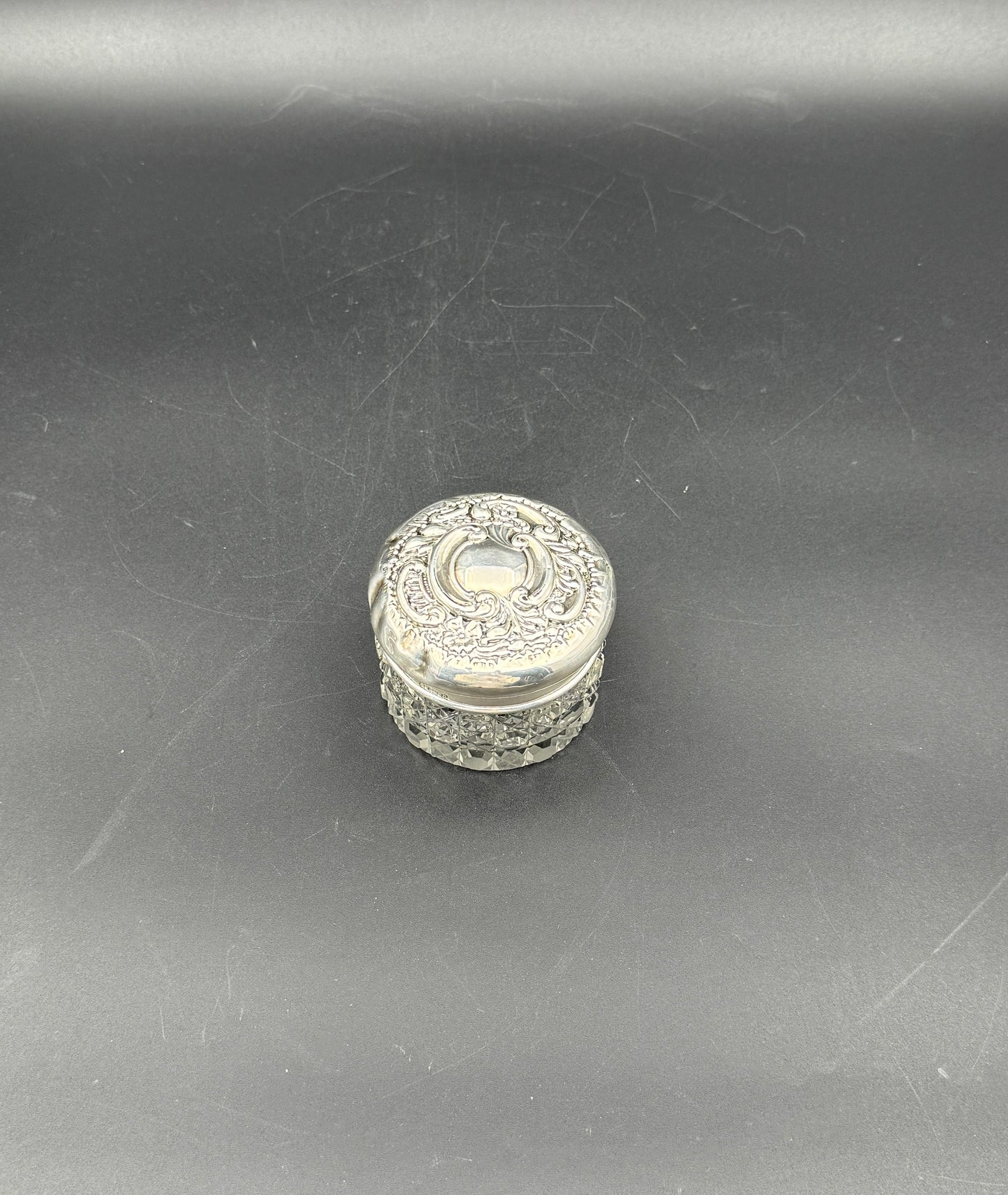 Sterling Silver Vanity Jar – Repoussé Lid Birmingham England c.1900