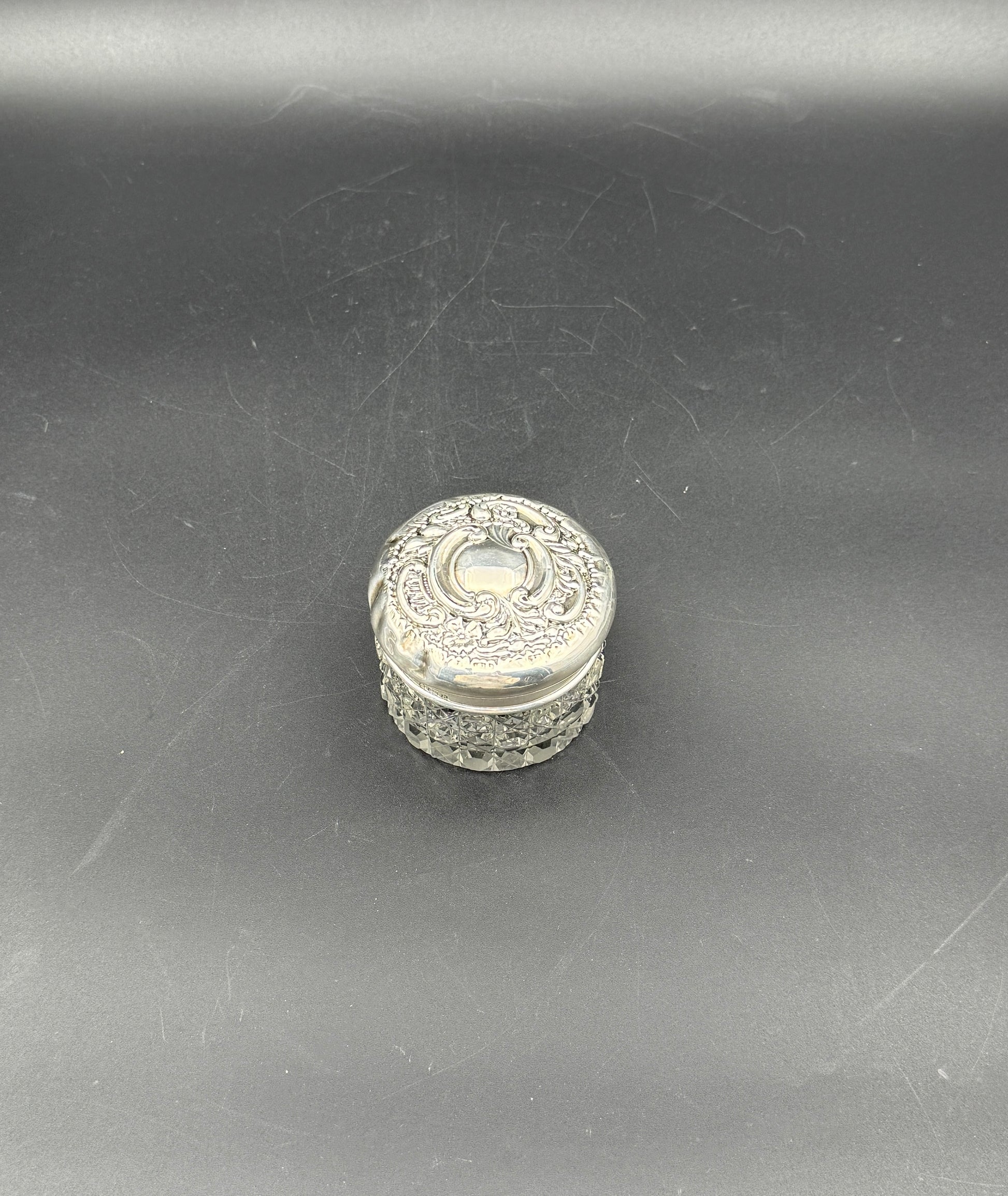 Sterling Silver Vanity Jar – Repoussé Lid Birmingham England c.1900