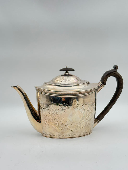 Antique Sterling Silver Teapot – Ornate Floral Engraving & Wooden Handle