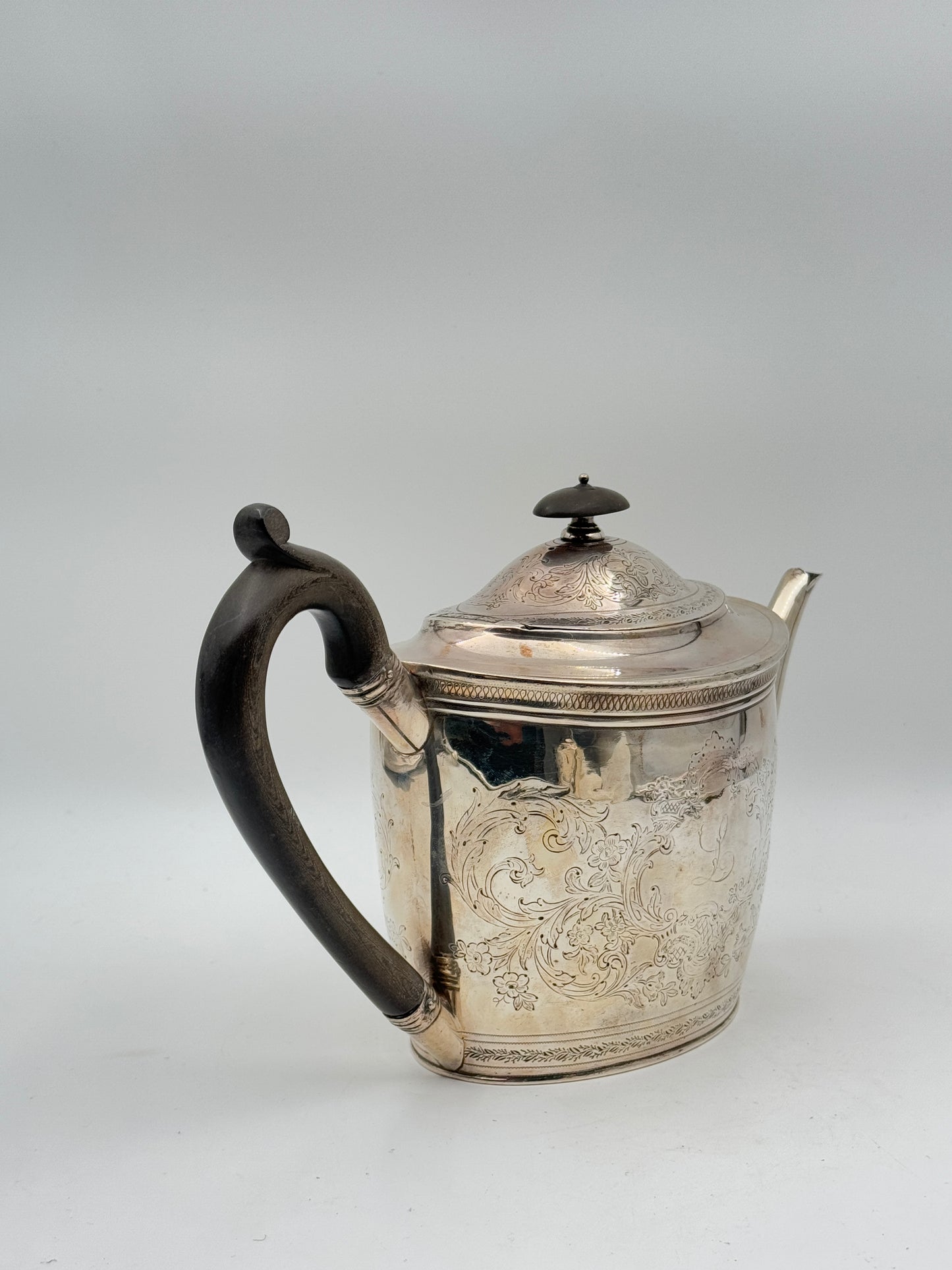 Antique Sterling Silver Teapot – Ornate Floral Engraving & Wooden Handle