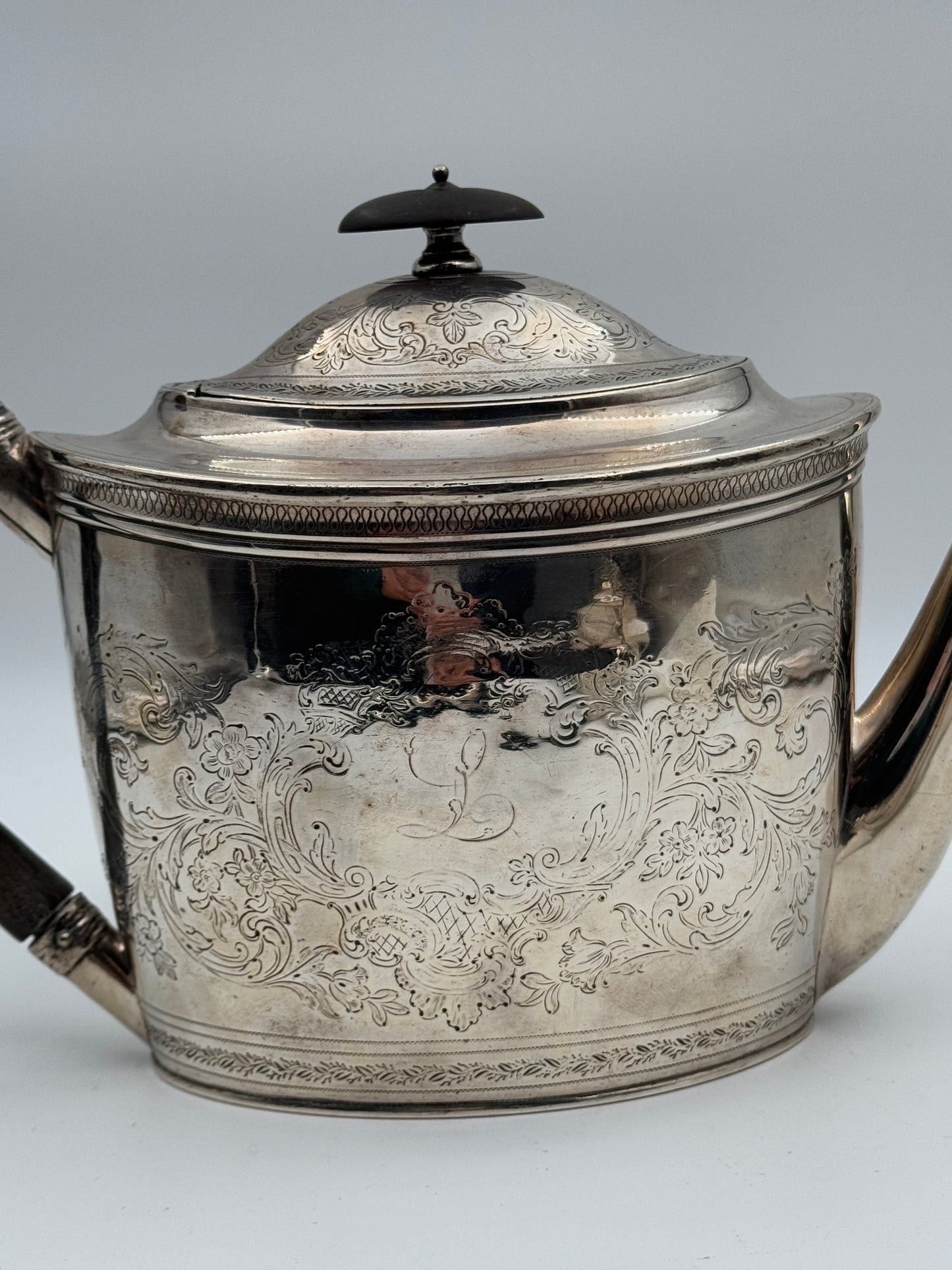 Antique Sterling Silver Teapot – Ornate Floral Engraving & Wooden Handle