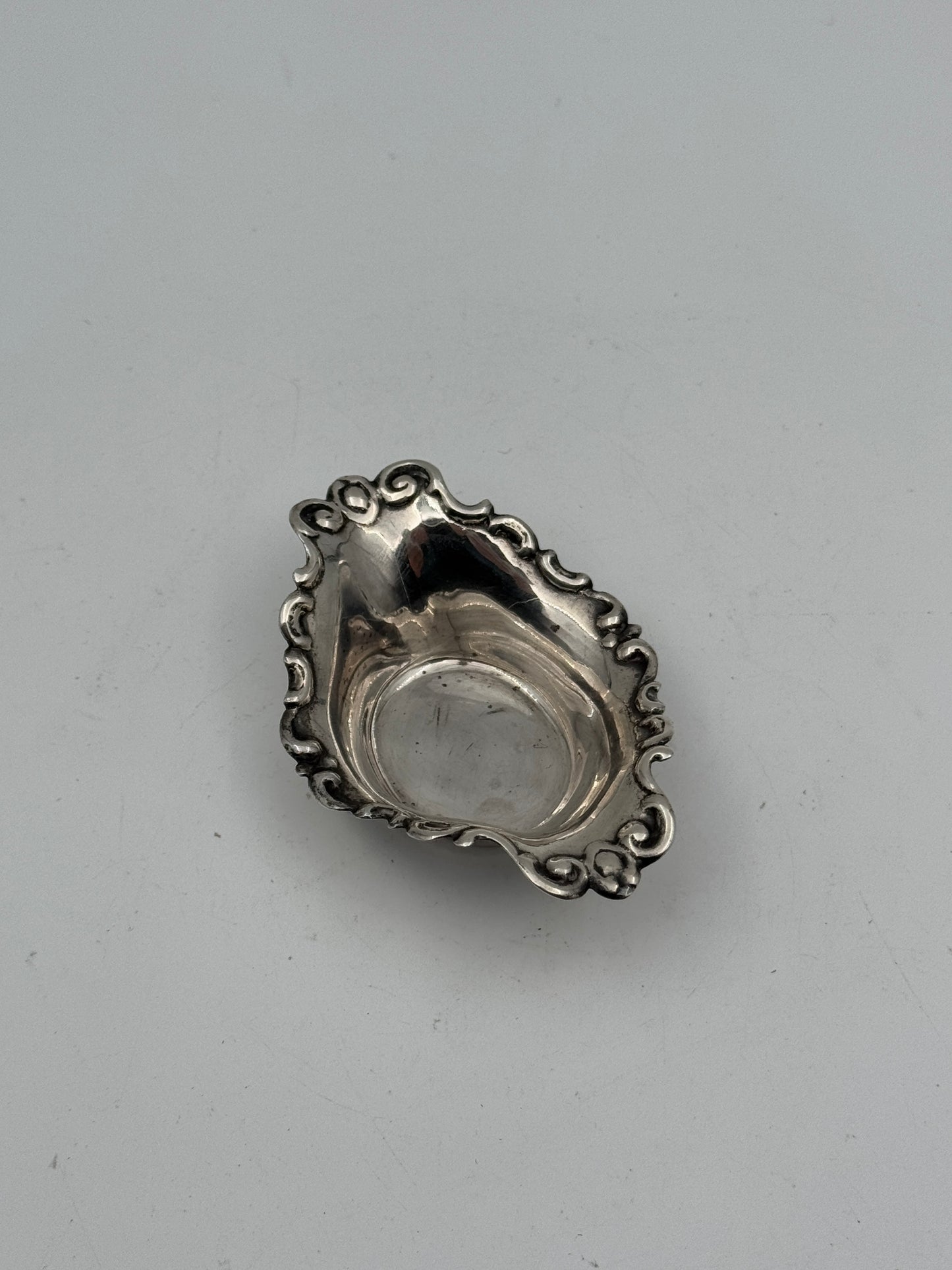 Antique Sterling Silver Miniature Dish – Ornate Rococo Scrollwork