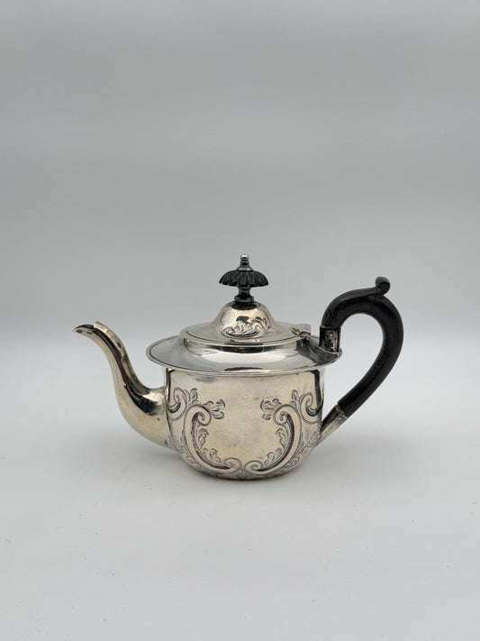 Sterling Silver Teapot – Ornate Victorian Scrollwork & Wooden Handle