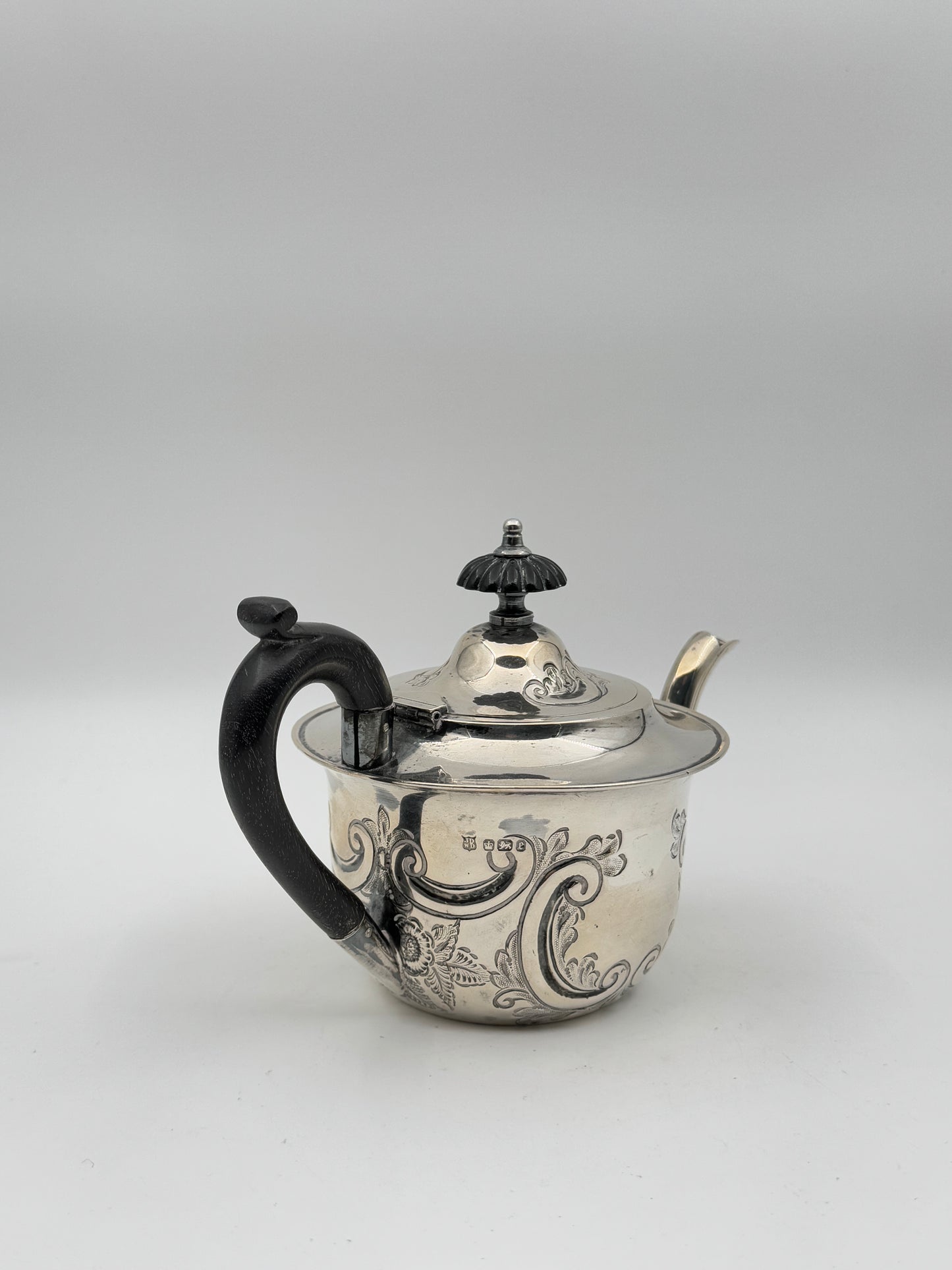 Sterling Silver Teapot – Ornate Victorian Scrollwork & Wooden Handle