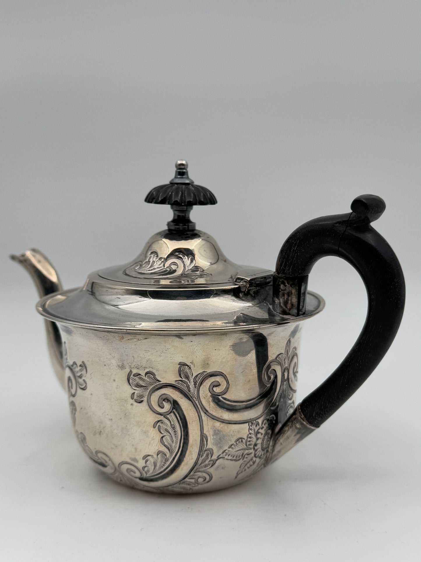 Sterling Silver Teapot – Ornate Victorian Scrollwork & Wooden Handle