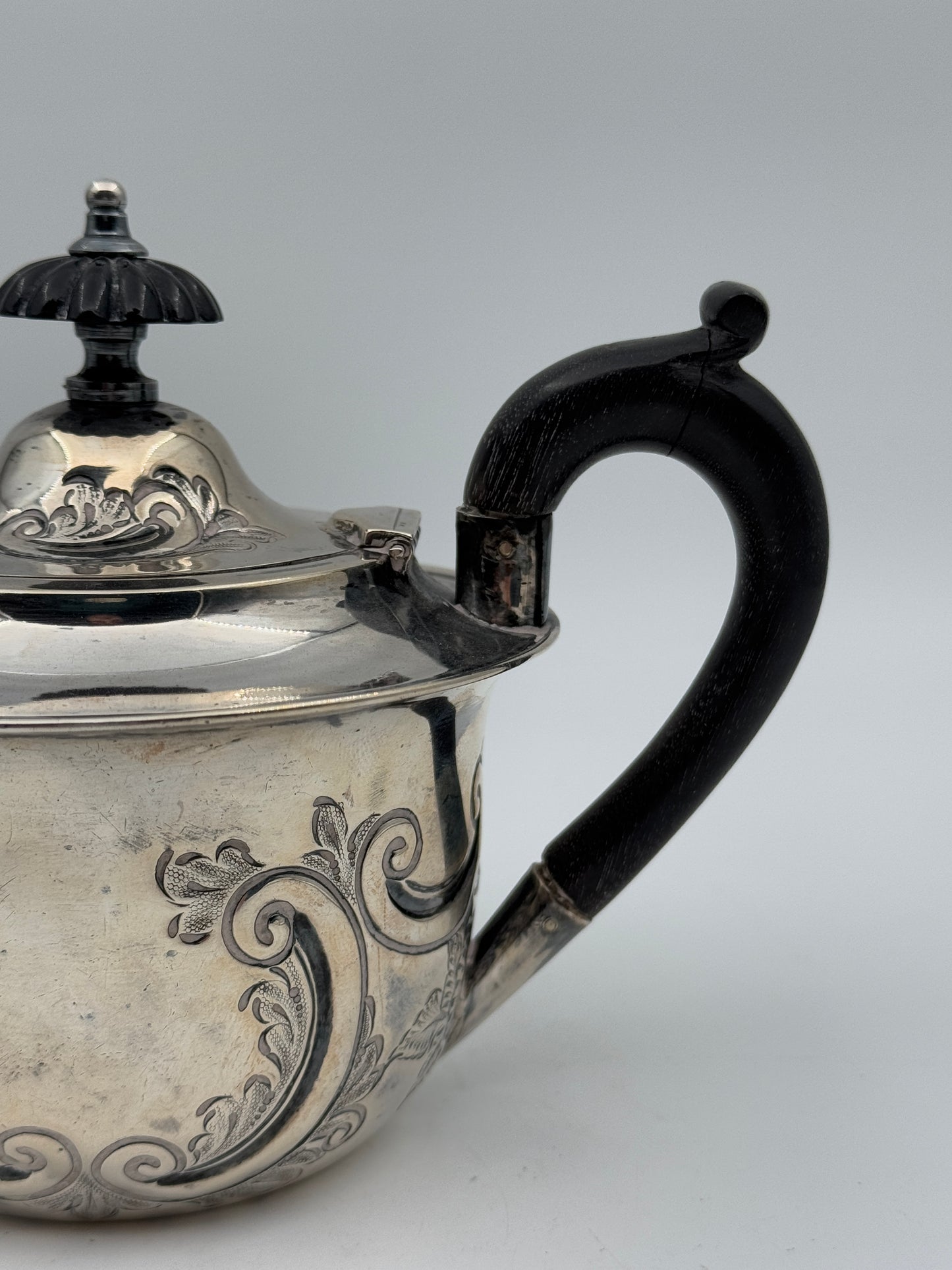 Sterling Silver Teapot – Ornate Victorian Scrollwork & Wooden Handle