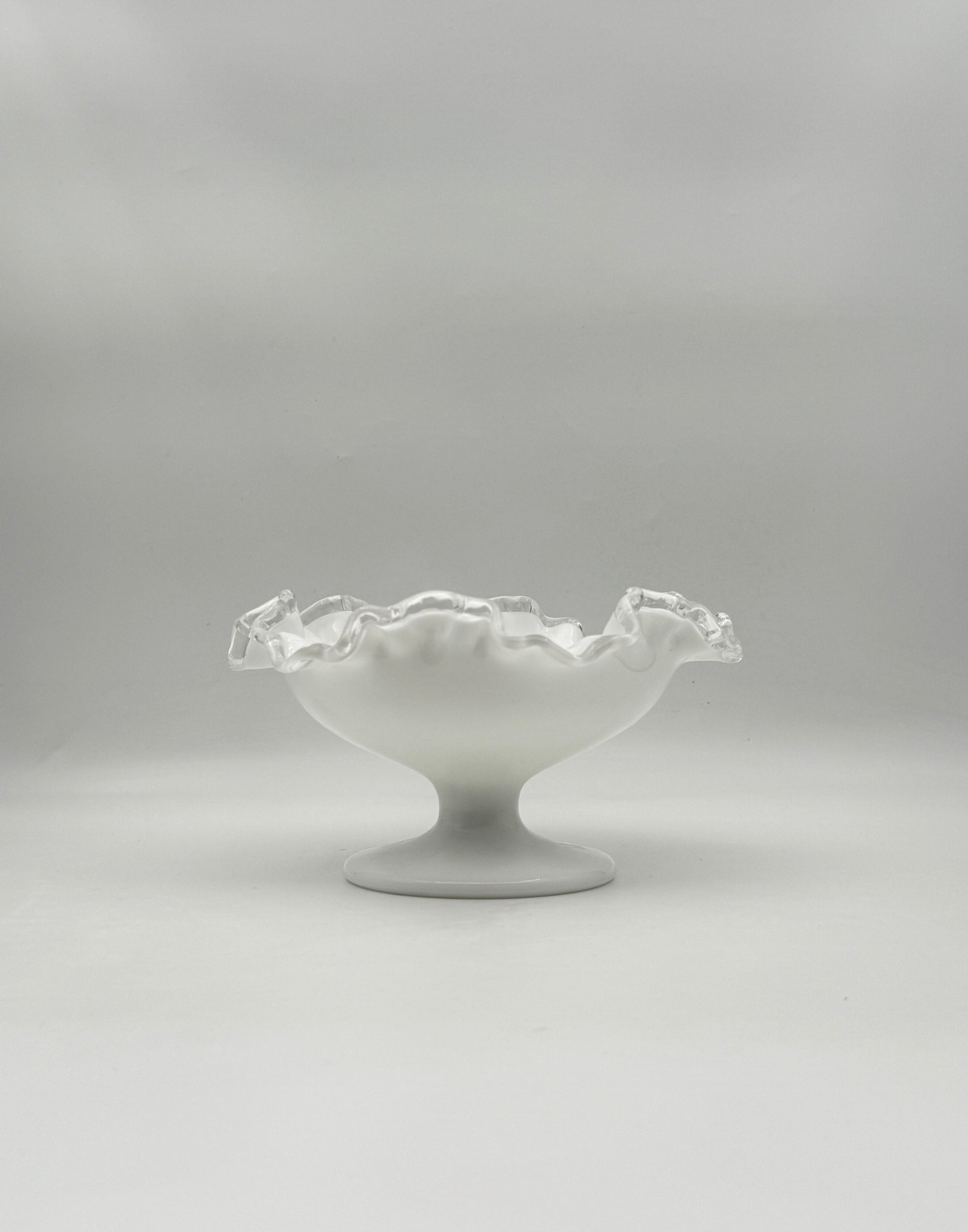 White Milk Glass Pedestal Bowl with Clear Ruffled Edge Footed Compote