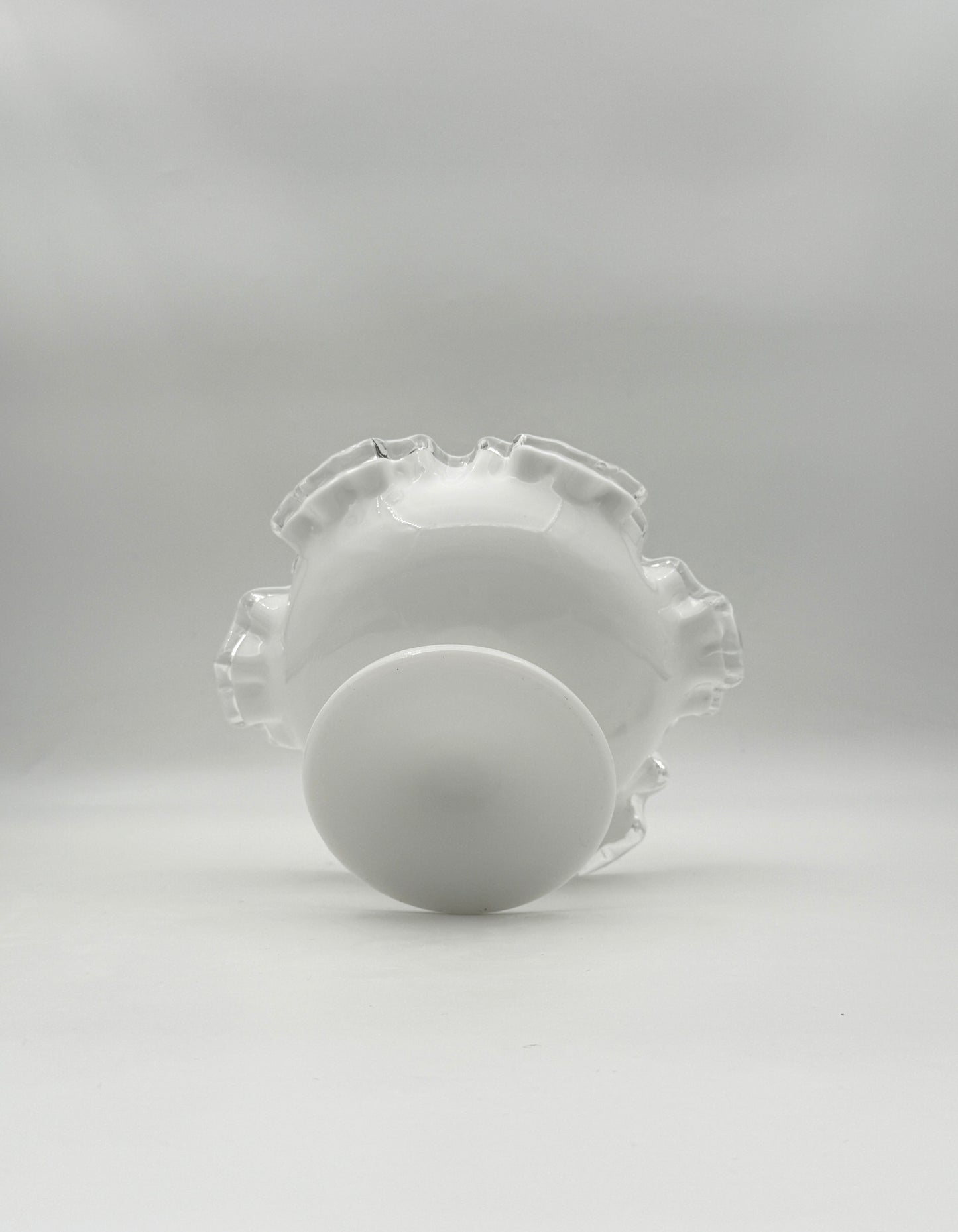 White Milk Glass Pedestal Bowl with Clear Ruffled Edge Footed Compote