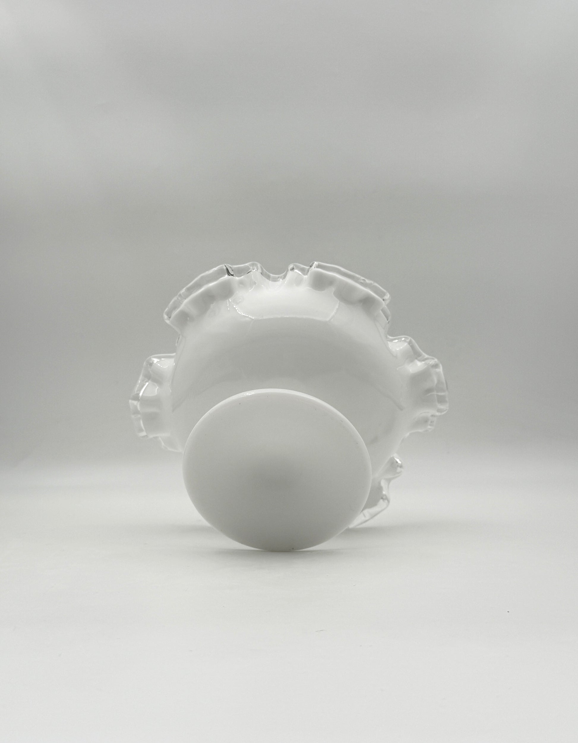 White Milk Glass Pedestal Bowl with Clear Ruffled Edge Footed Compote