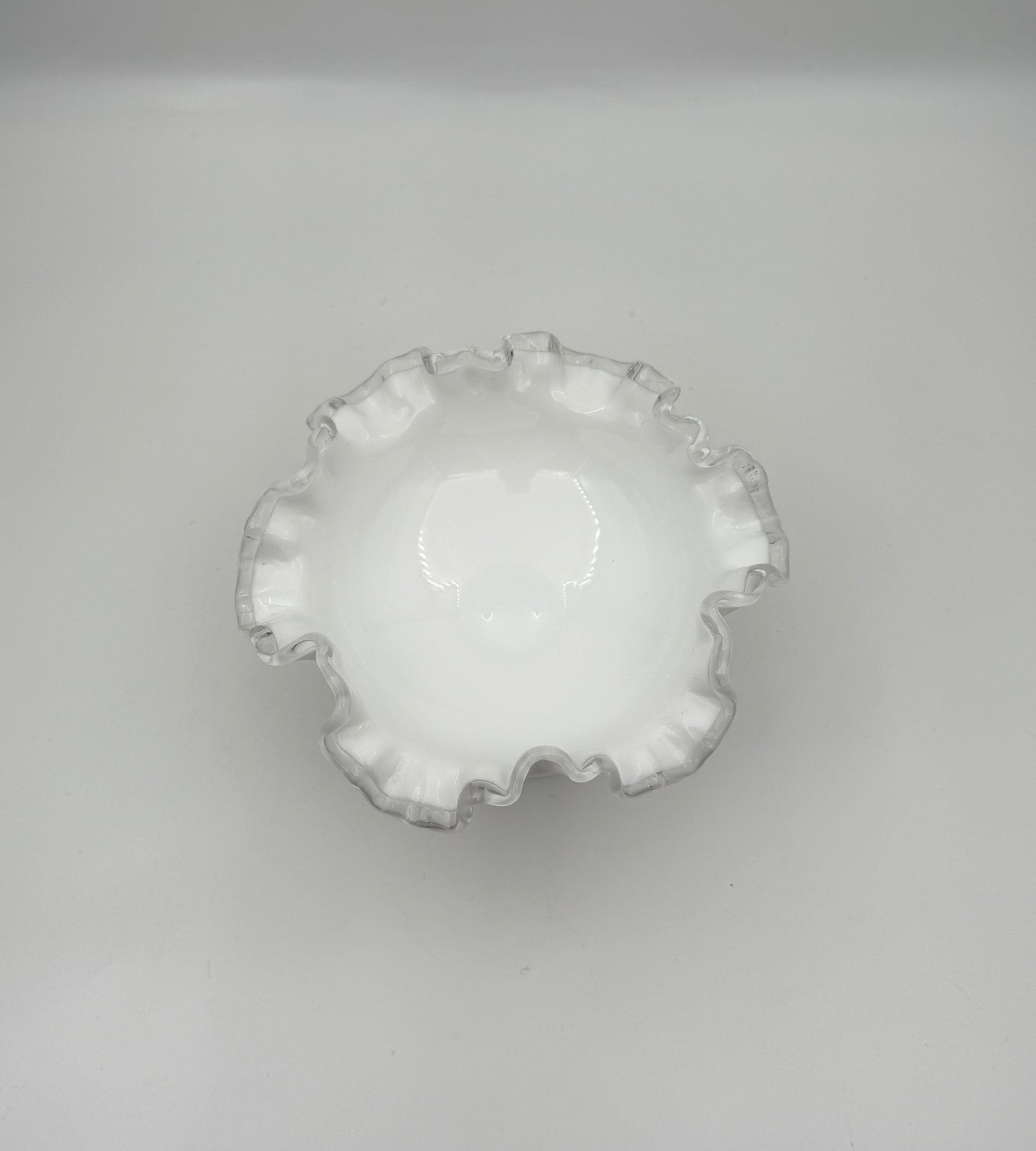 White Milk Glass Pedestal Bowl with Clear Ruffled Edge Footed Compote