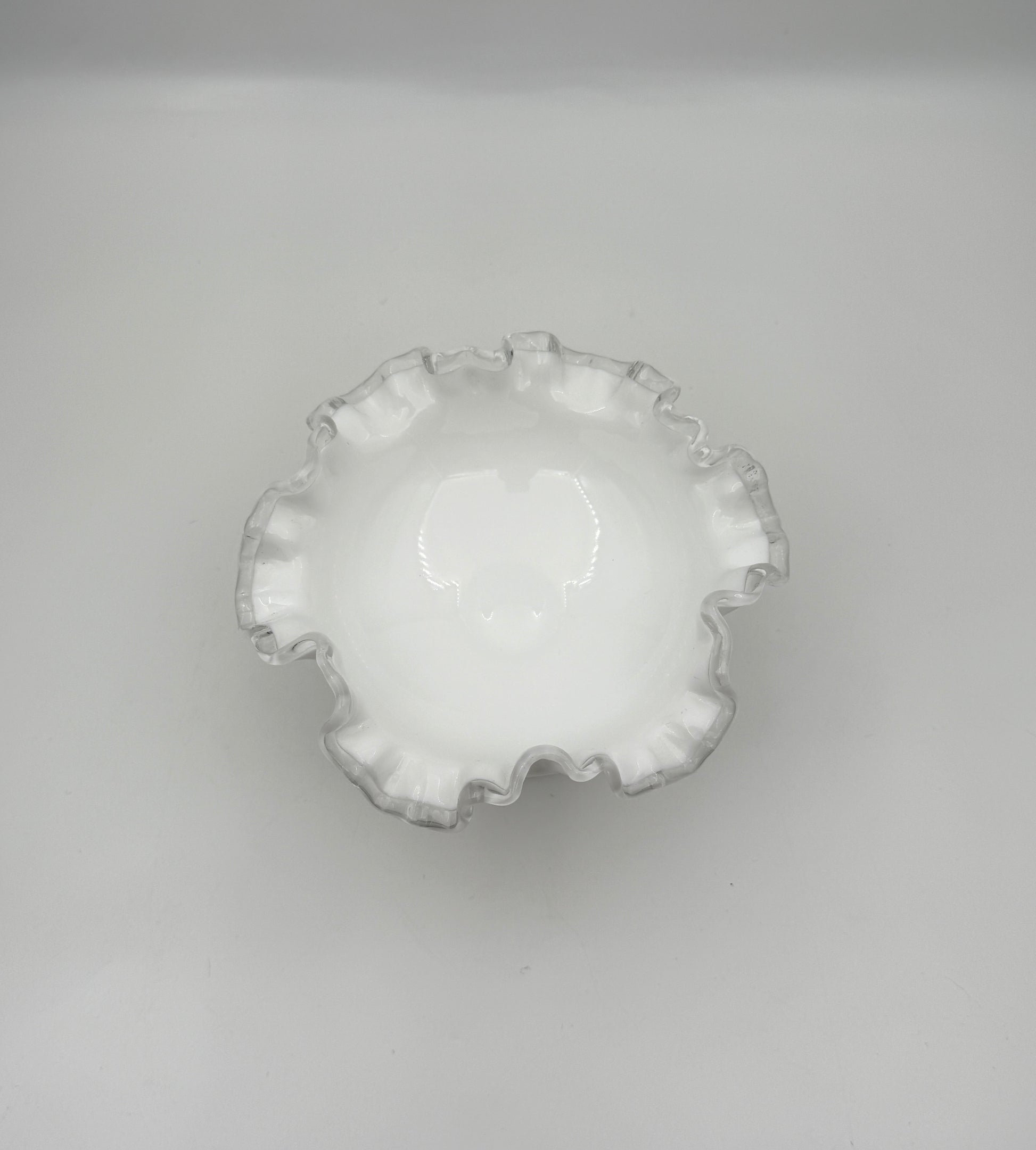 White Milk Glass Pedestal Bowl with Clear Ruffled Edge Footed Compote
