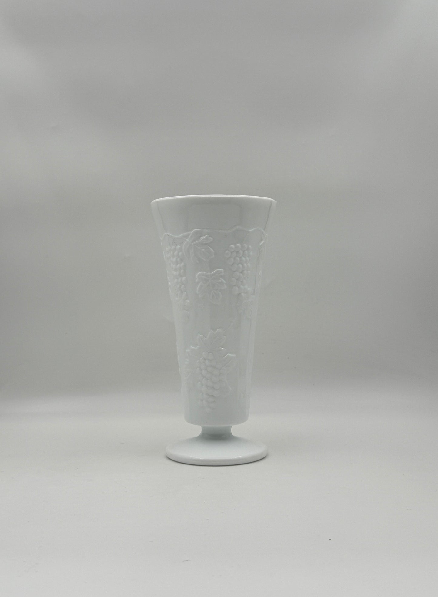 Milk Glass Pedestal Vase – White Embossed Grapes Vintage Decor Piece