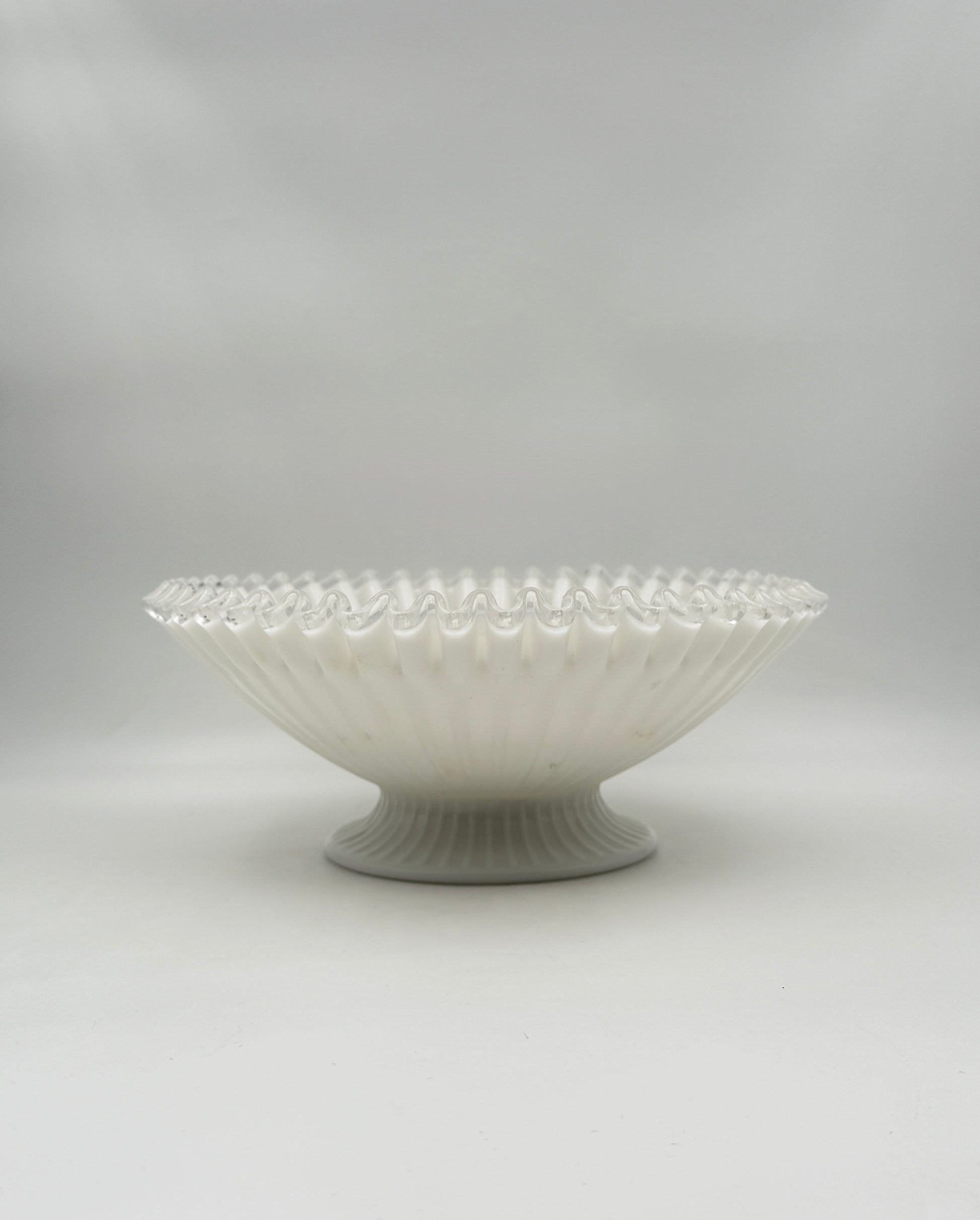 Milk Glass Pedestal Bowl – White Ribbed with Clear Ruffled Edge